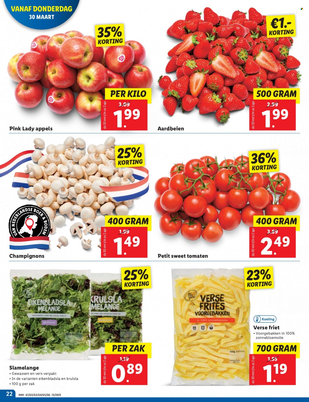 thumbnail - Lidl-aanbieding - 27-3-2023 - 2-4-2023 -  producten in de aanbieding - champignons, slamelange, tomaten, aardbeien, appels, frites, zonnebloemolie. Pagina 22.