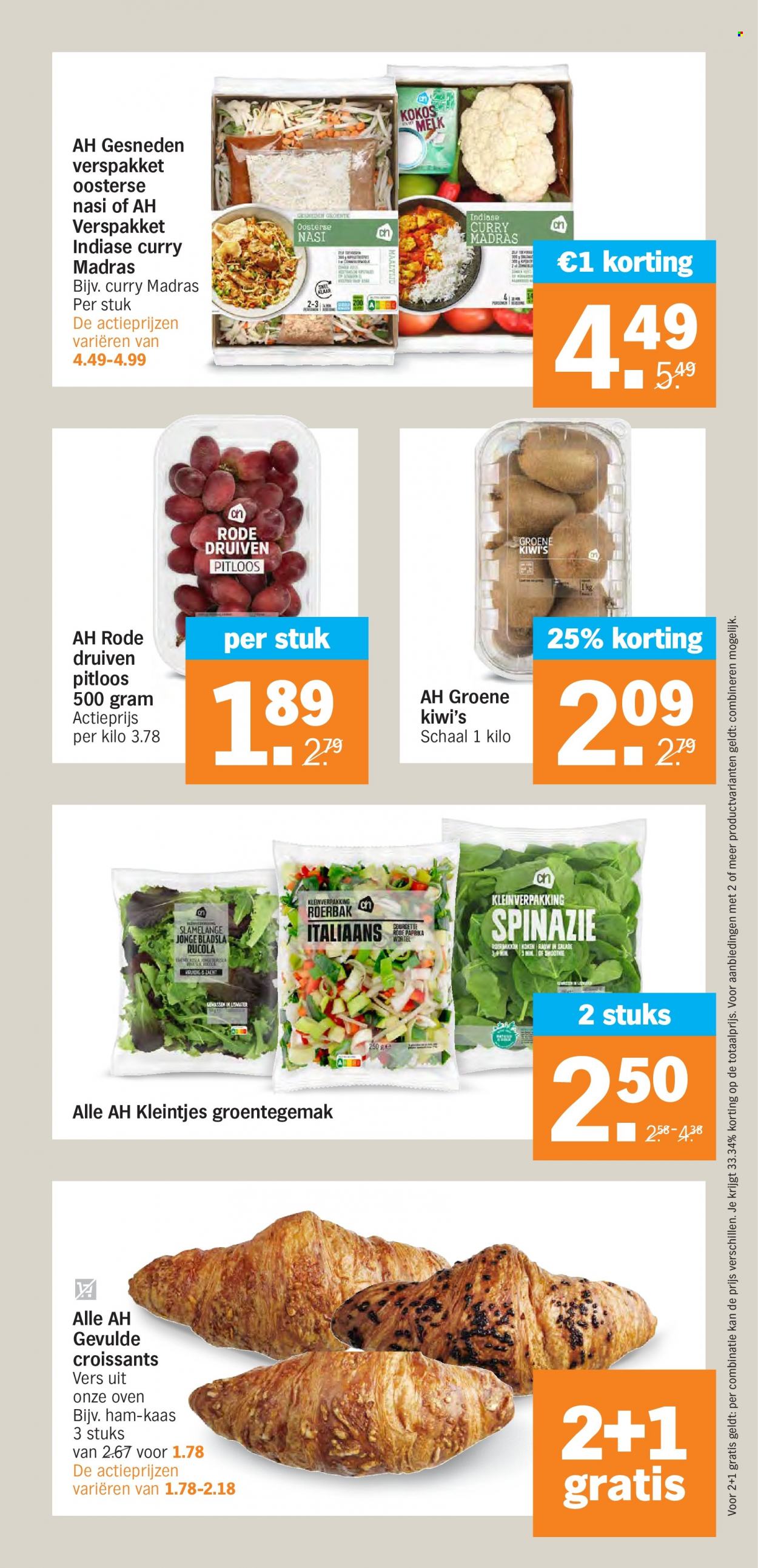 thumbnail - Albert Heijn-aanbieding - 27-3-2023 - 2-4-2023 -  producten in de aanbieding - croissant, rode paprika, slamelange, spinazie, courgette, druiven, kiwi, melk. Pagina 13.