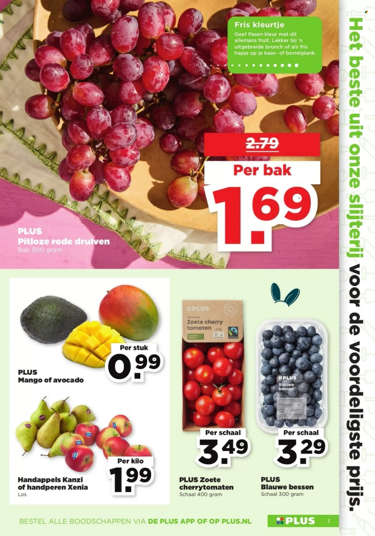 thumbnail - Plus-aanbieding - 26-3-2023 - 1-4-2023 -  producten in de aanbieding - cherrytomaten, tomaten, avocado, bessen, druiven, mango, bosbessen, kaas. Pagina 3.