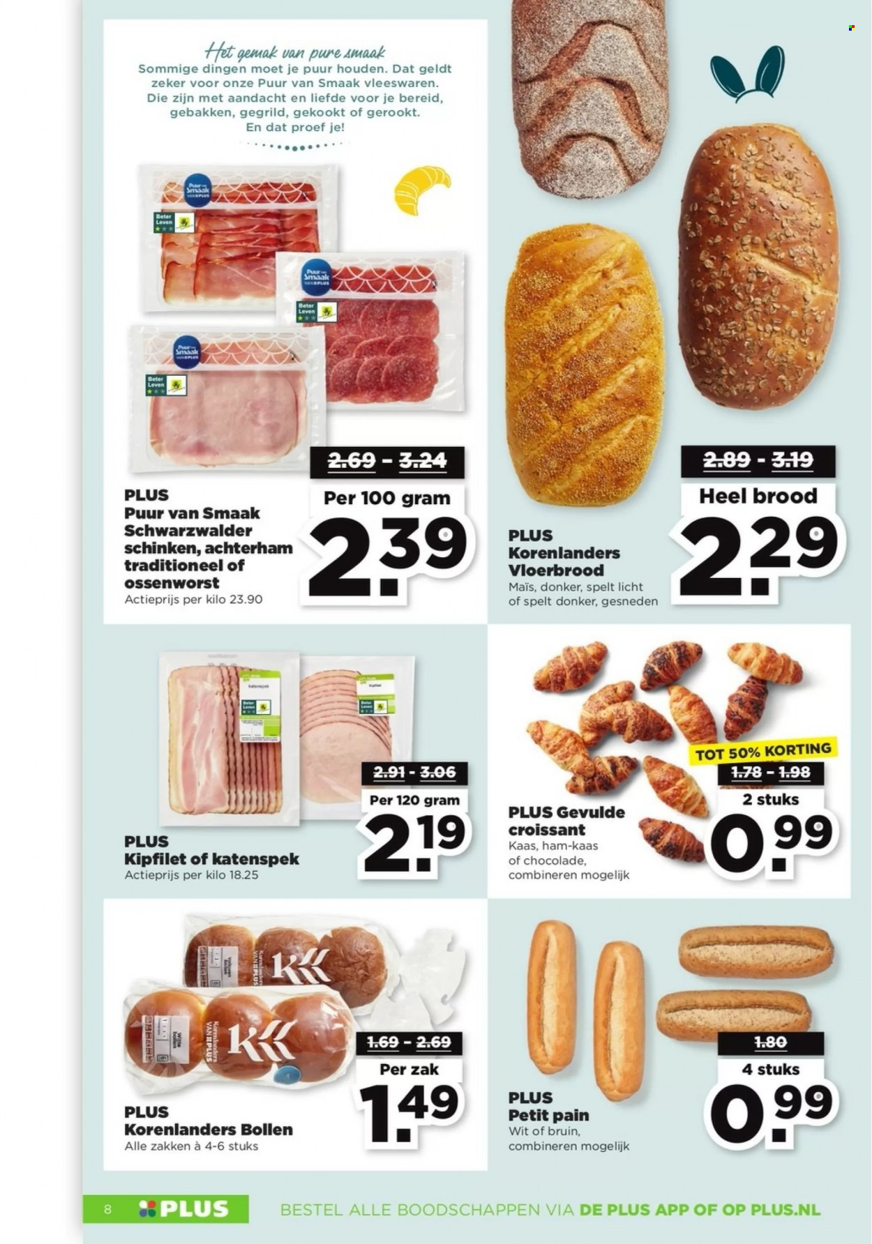 thumbnail - Plus-aanbieding - 26-3-2023 - 1-4-2023 -  producten in de aanbieding - vloerbrood, brood, croissant, maïs, kipfilet, achterham, sherry. Pagina 8.