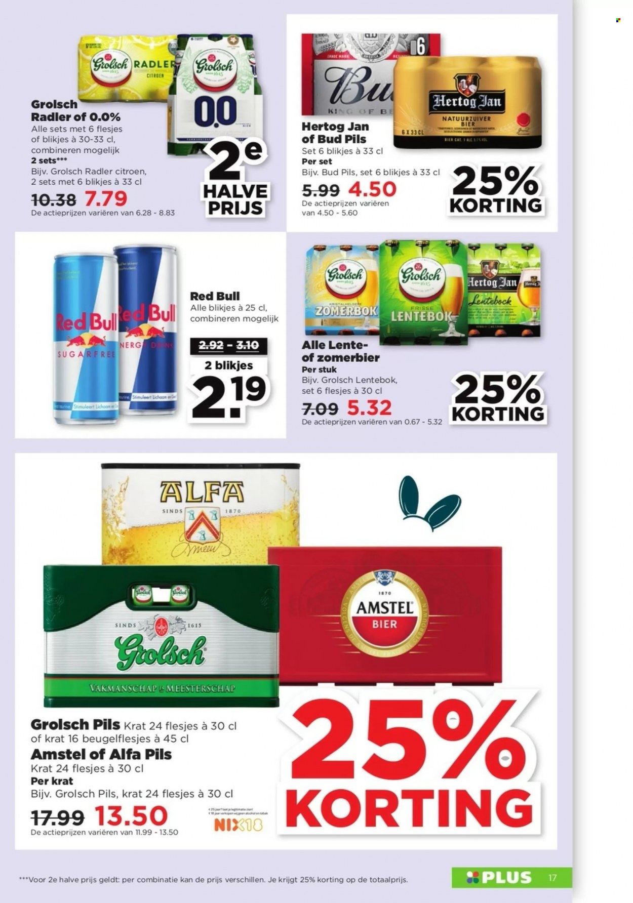 thumbnail - Plus-aanbieding - 26-3-2023 - 1-4-2023 -  producten in de aanbieding - Alfa, Amstel Bier, Hertog Jan, Grolsch, bier, Radler, Red Bull. Pagina 21.