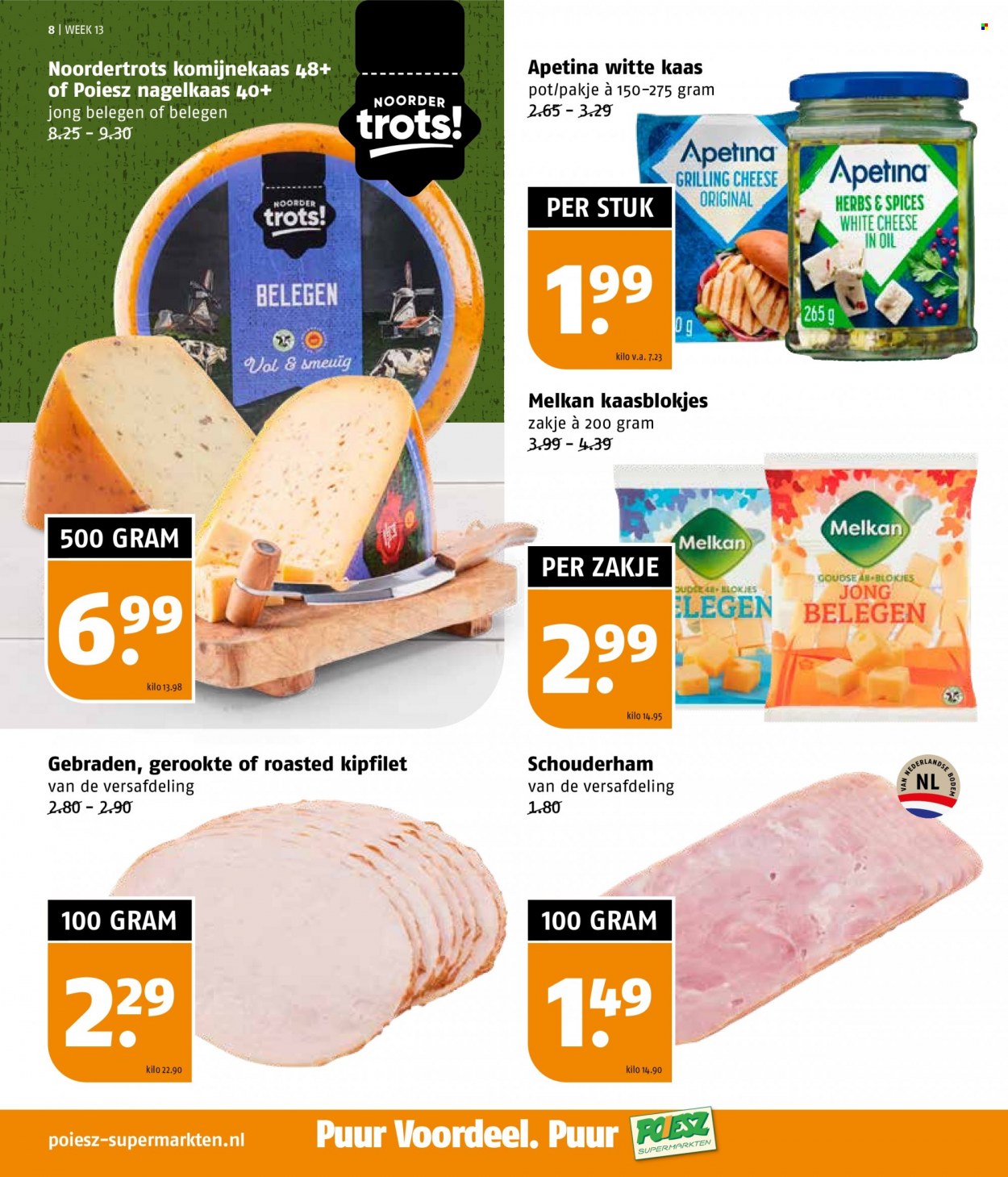 thumbnail - Poiesz-aanbieding - 27-3-2023 - 2-4-2023 -  producten in de aanbieding - kipfilet, ham, schouderham, kaas, kaasblokjes. Pagina 8.