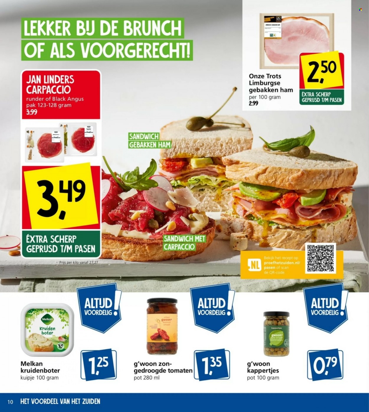 thumbnail - Jan Linders-aanbieding - 27-3-2023 - 2-4-2023 -  producten in de aanbieding - carpaccio, sandwich, ham, kruidenboter, kappertjes, gedroogde tomaten. Pagina 10.