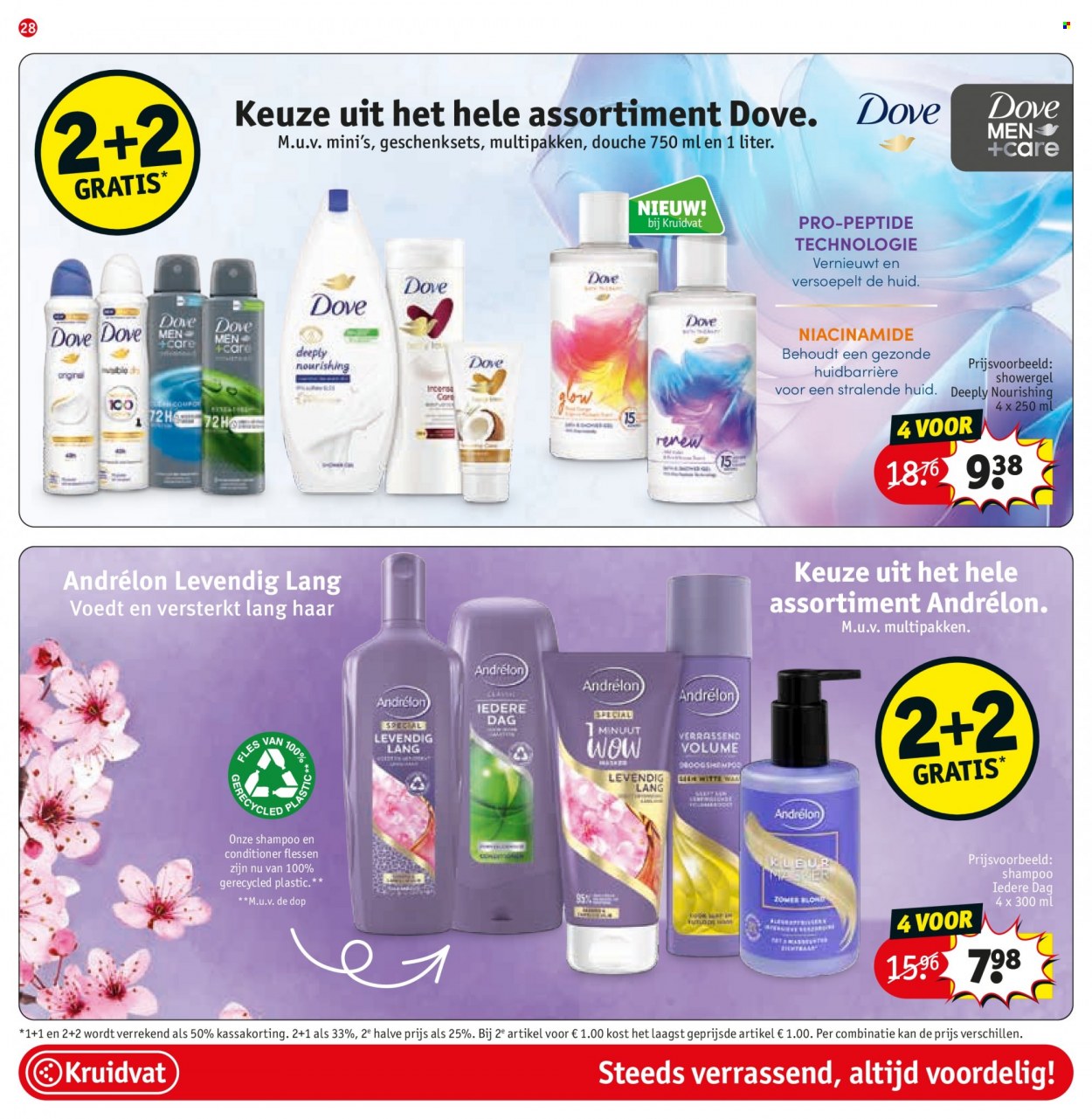 thumbnail - Kruidvat-aanbieding - 28-3-2023 - 9-4-2023 -  producten in de aanbieding - shampoo, Dove, showergel, conditioner, Andrélon. Pagina 28.