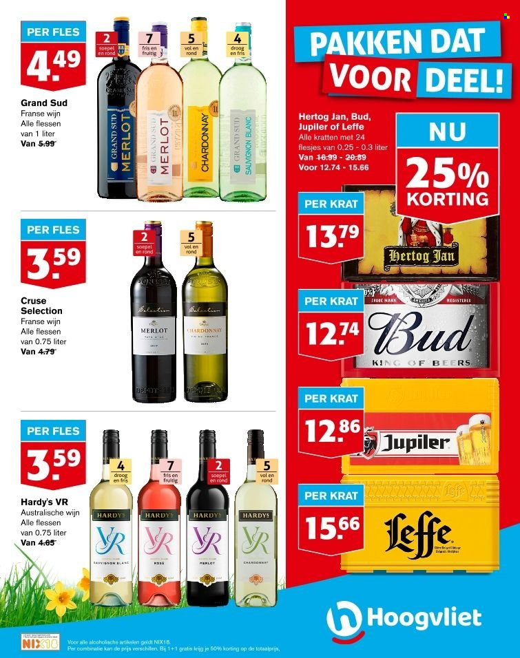 thumbnail - Hoogvliet-aanbieding - 29-3-2023 - 4-4-2023 -  producten in de aanbieding - Leffe, Hertog Jan, Jupiler, bier, Chardonnay, Merlot, Sauvignon Blanc, wijn. Pagina 14.