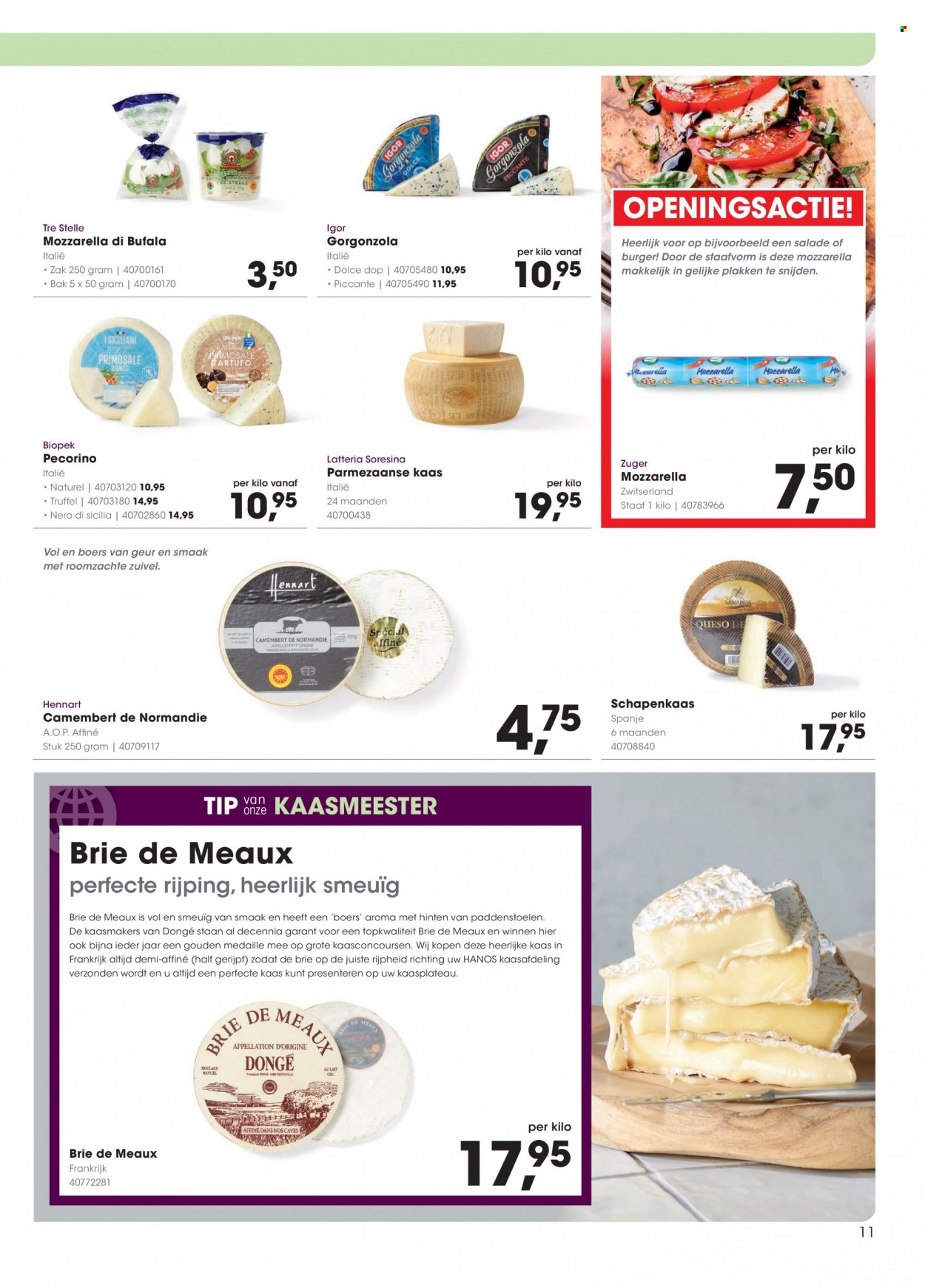 thumbnail - Hanos-aanbieding - 27-3-2023 - 9-4-2023 -  producten in de aanbieding - truffel, Camembert, kaas, mozzarella, parmezaanse kaas, Pecorino, Gorgonzola, Brie, Frankrijk. Pagina 11.