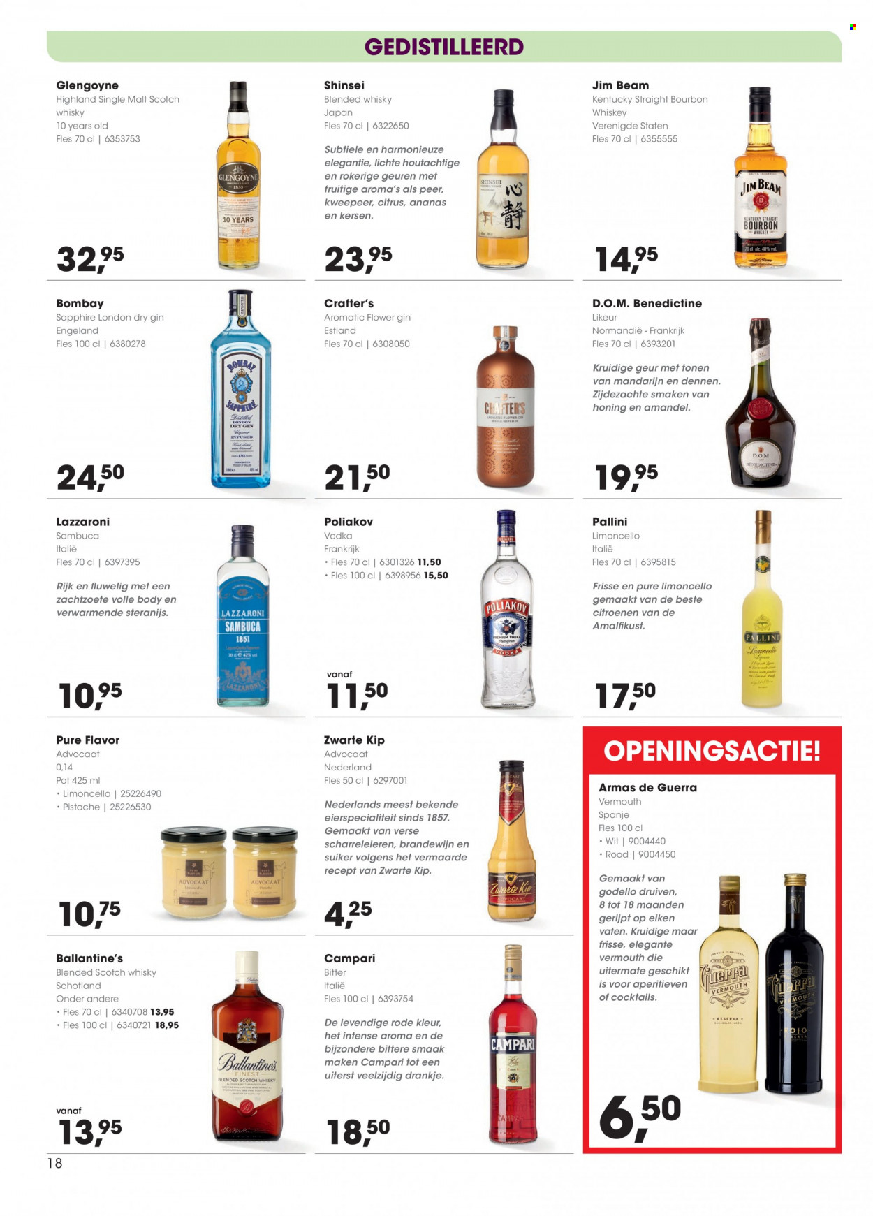 thumbnail - Hanos-aanbieding - 27-3-2023 - 9-4-2023 -  producten in de aanbieding - druiven, kersen, mandarijn, peer, ananas, suiker, Frankrijk, Advocaat, blended scotch whisky, Bourbon, Jim Beam, Limoncello, London Dry Gin, scotch whisky, Single Malt, Vermouth, vodka, whiskey, whisky, gin, Campari, Ballantine's, Sambuca. Pagina 18.