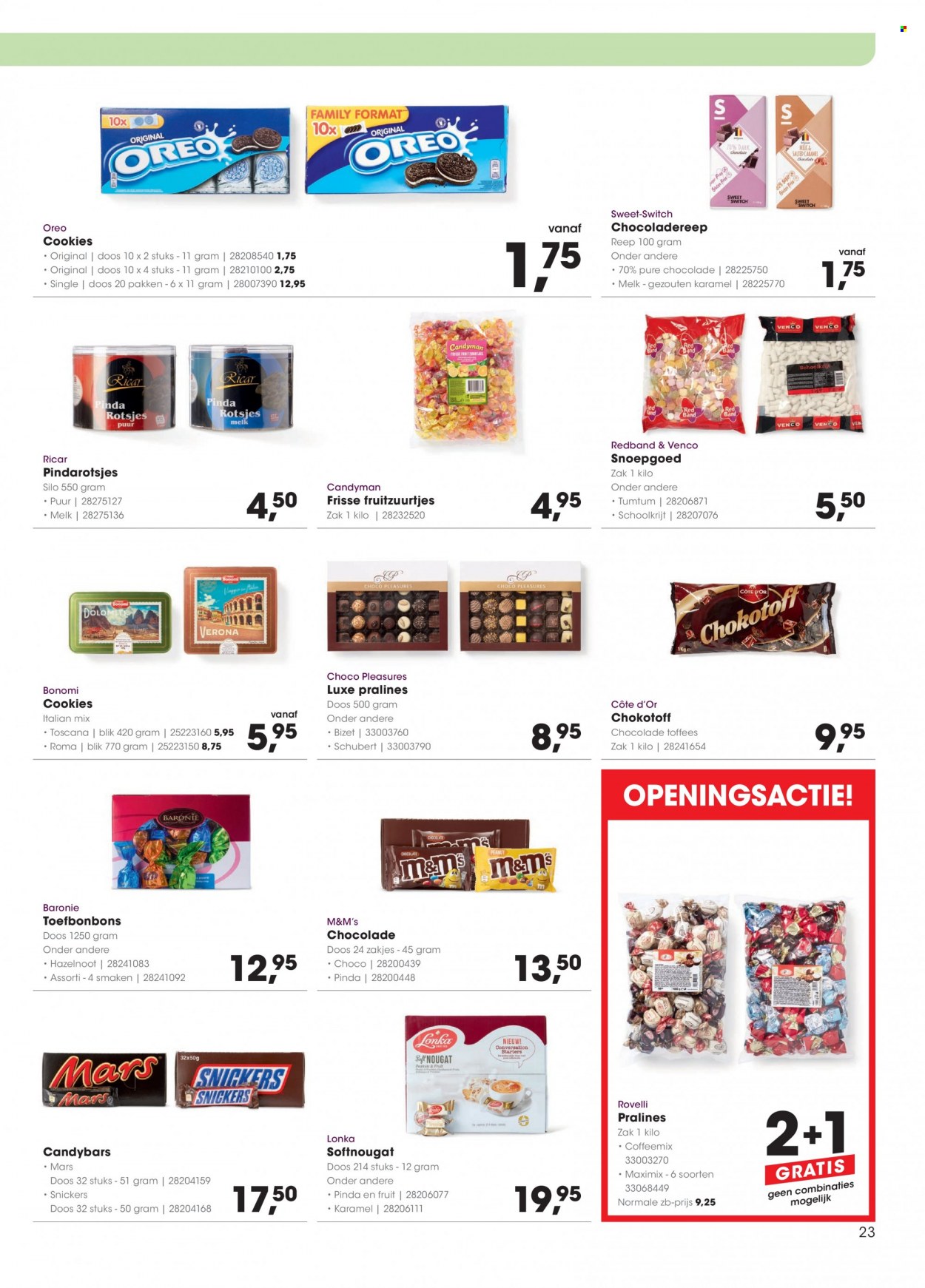 thumbnail - Hanos-aanbieding - 27-3-2023 - 9-4-2023 -  producten in de aanbieding - M&M's, melk, Oreo, chocolade, pure chocolade, Snickers, cookies. Pagina 23.