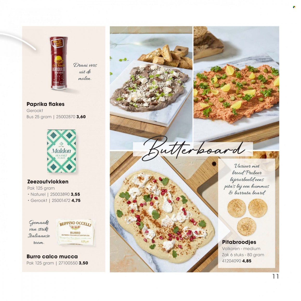 thumbnail - Hanos-aanbieding - 27-3-2023 - 23-4-2023 -  producten in de aanbieding - pita, brood, pizza, hummus, Burrata, room, sea salt flakes. Pagina 11.