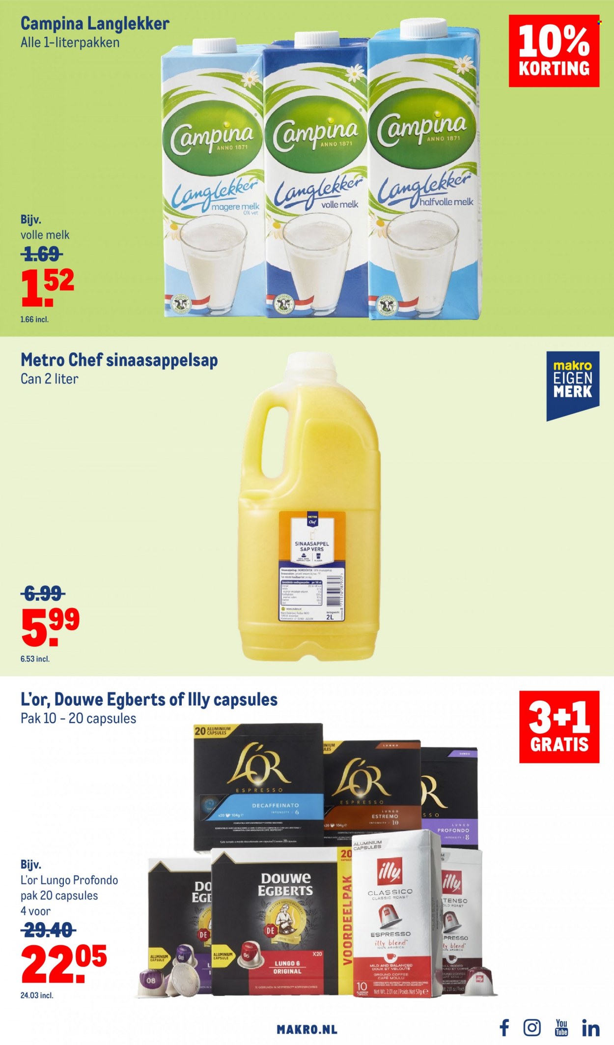 thumbnail - Makro-aanbieding - 29-3-2023 - 11-4-2023 -  producten in de aanbieding - sinaasappels, Campina, melk, volle melk, sinaasappelsap, Douwe Egberts, L’or, Espresso. Pagina 43.