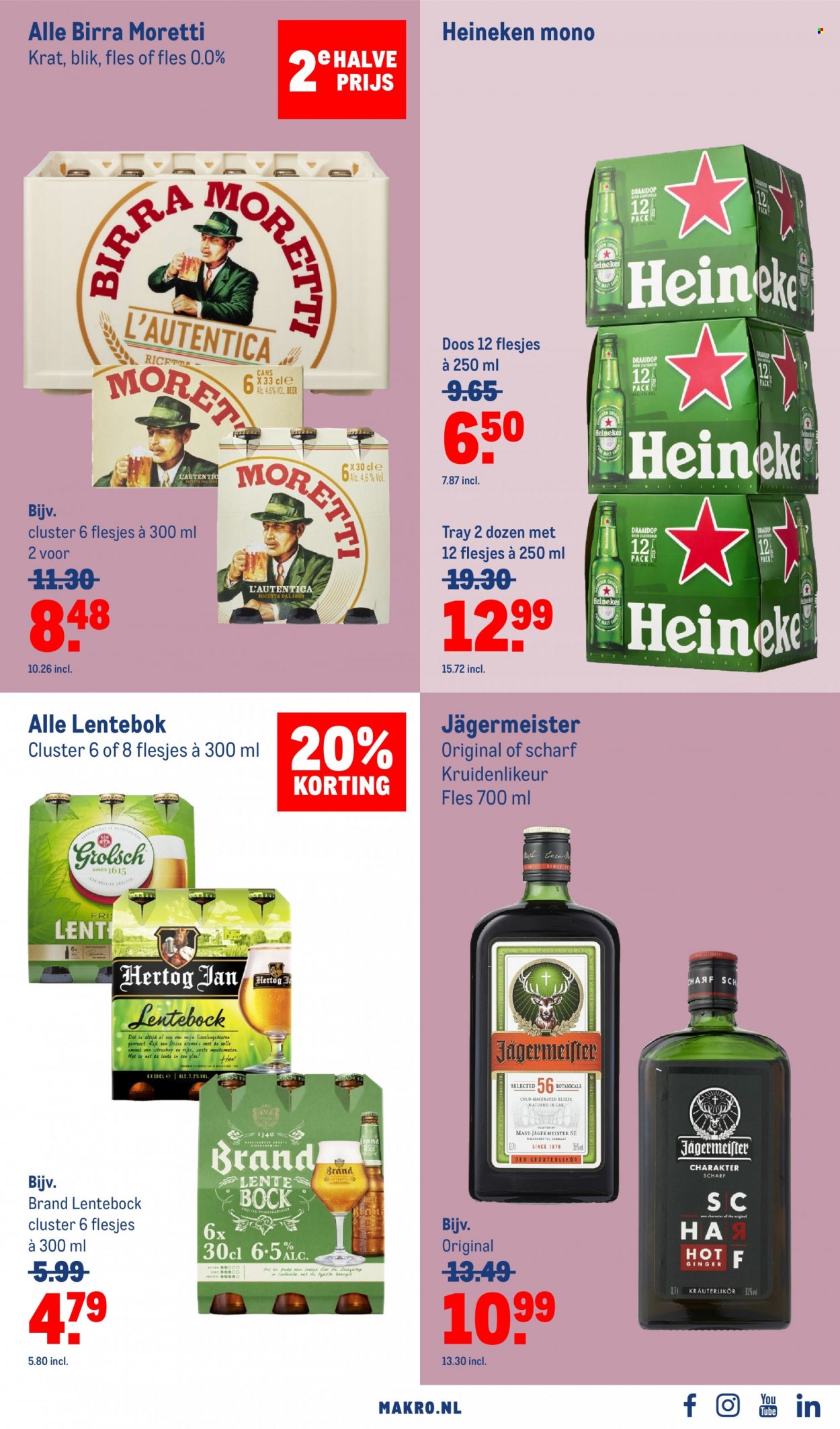 thumbnail - Makro-aanbieding - 29-3-2023 - 11-4-2023 -  producten in de aanbieding - Heineken, Hertog Jan, bier, Birra Moretti, Jägermeister, glazen. Pagina 47.
