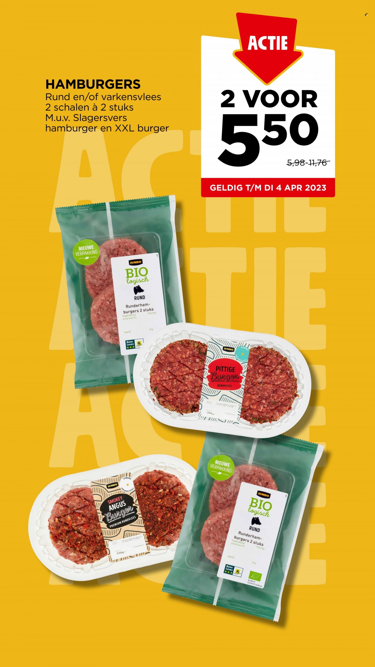 thumbnail - Jumbo-aanbieding - 29-3-2023 - 4-4-2023 -  producten in de aanbieding - varkensvlees, rundvlees, hamburger, angusburgers. Pagina 13.