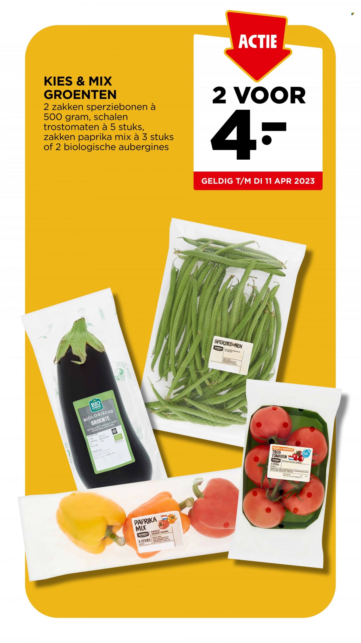 thumbnail - Jumbo-aanbieding - 29-3-2023 - 4-4-2023 -  producten in de aanbieding - aubergine, tomaten, trostomaat, sperziebonen. Pagina 27.