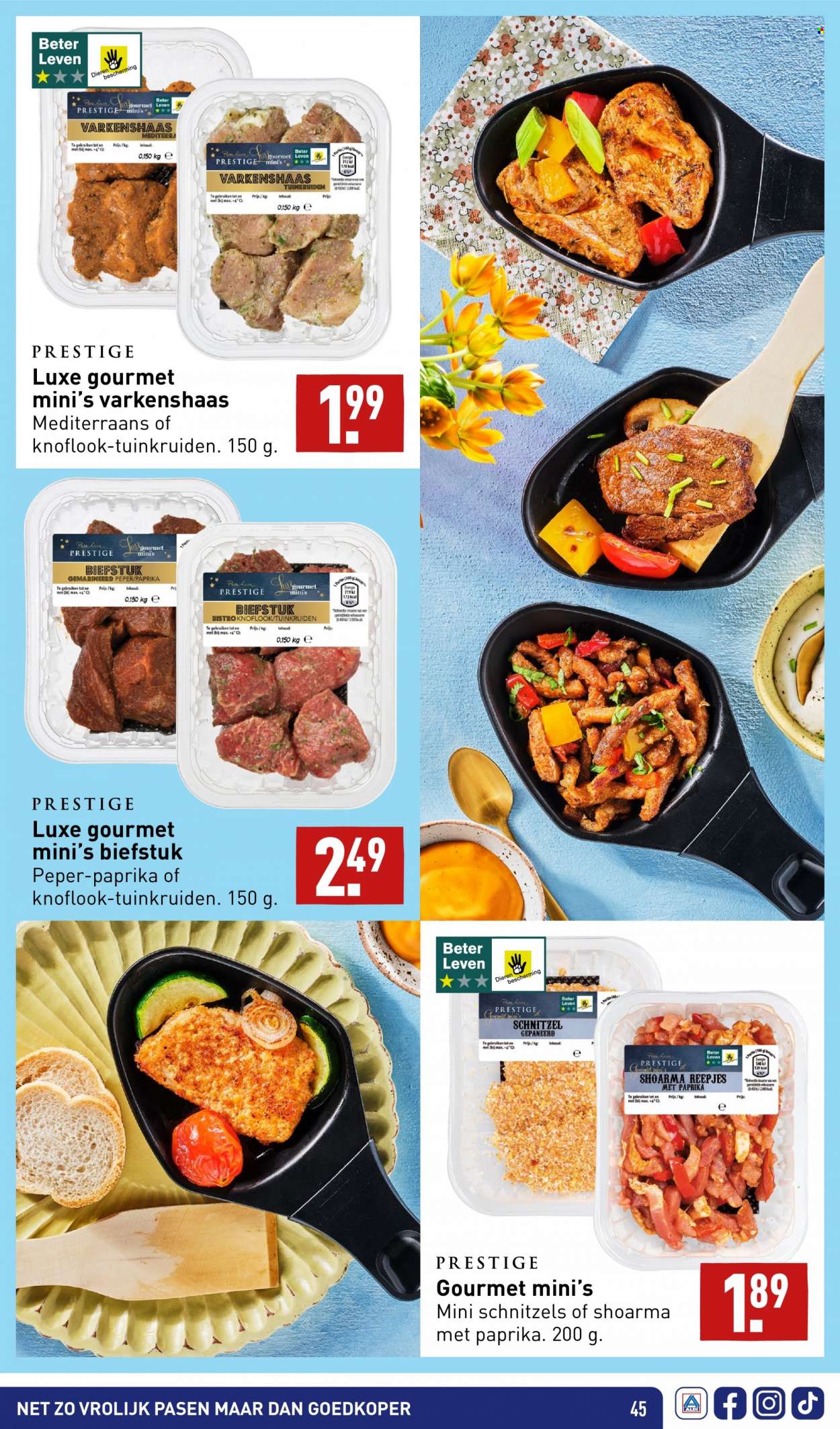 thumbnail - Aldi-aanbieding -  producten in de aanbieding - varkenshaas, steak, varkensvlees, knoflook, biefstuk, shoarma, shoarmareepjes. Pagina 45.