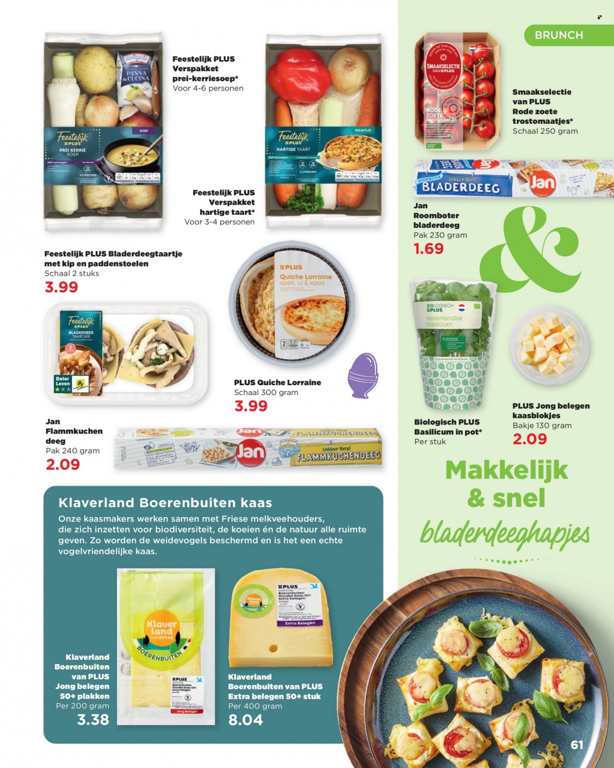 thumbnail - Plus-aanbieding -  producten in de aanbieding - kaas, kaasblokjes, roomboter, bladerdeeg, basilicum. Pagina 61.