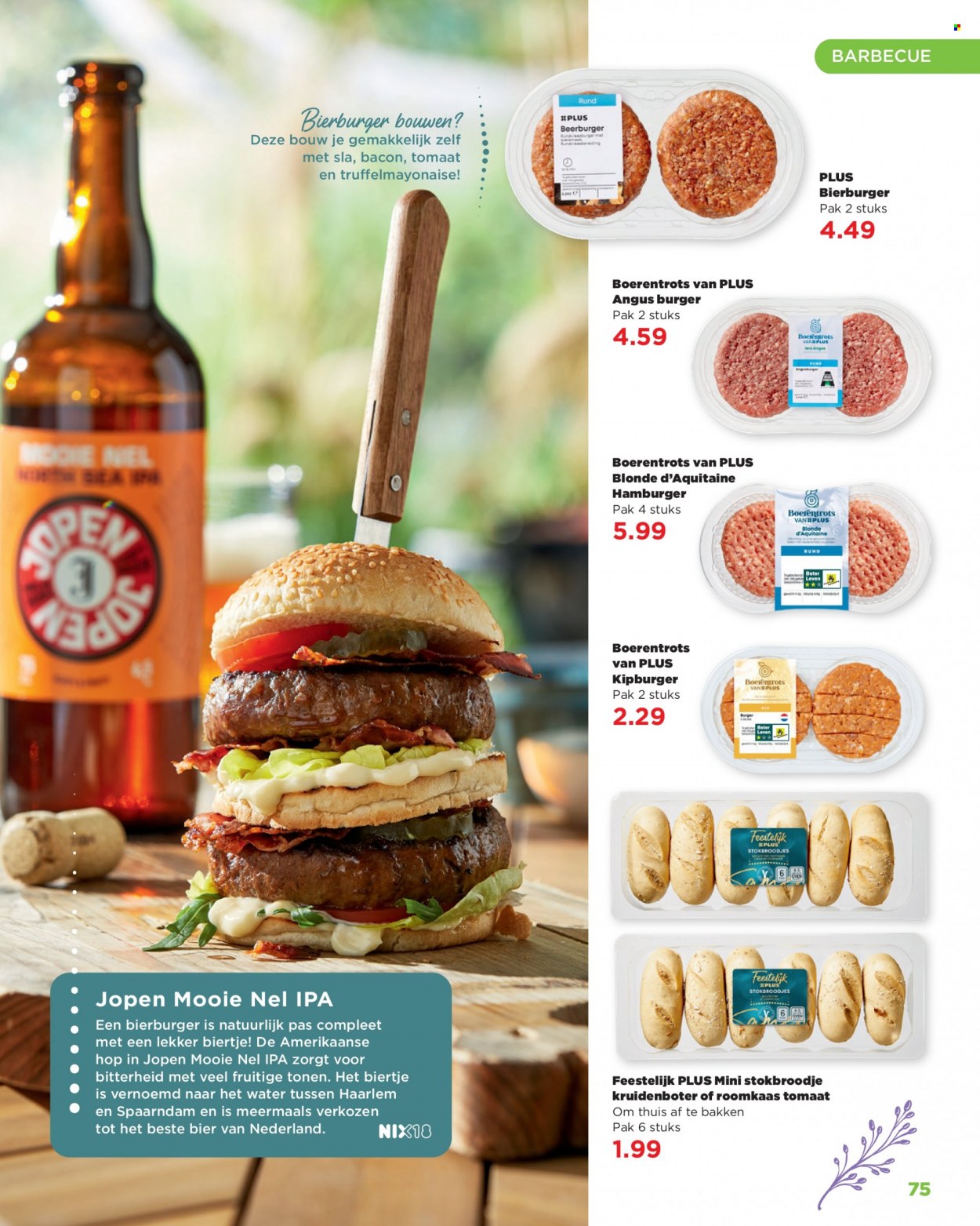thumbnail - Plus-aanbieding -  producten in de aanbieding - bier, IPA, sla, hamburger, angusburgers, bacon, roomkaas, kruidenboter, BBQ. Pagina 75.