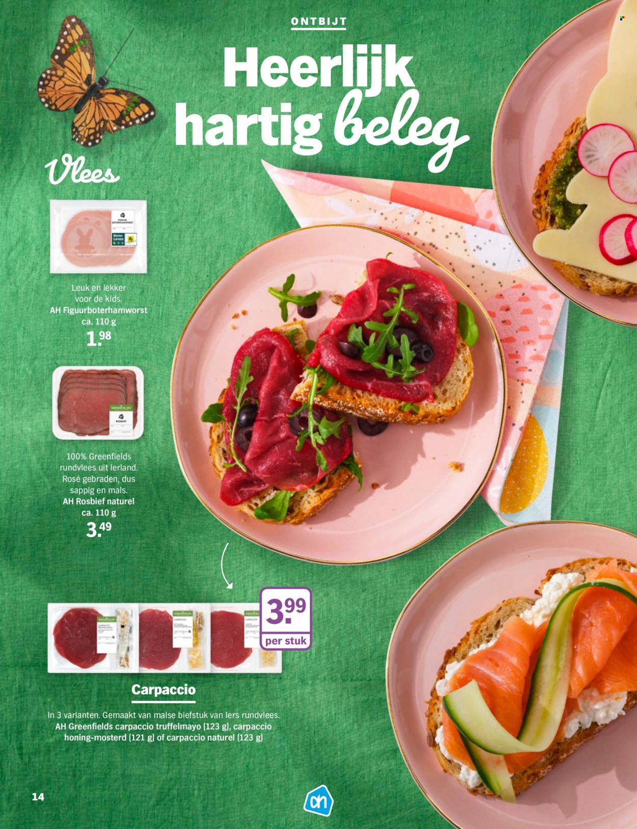 thumbnail - Albert Heijn-aanbieding -  producten in de aanbieding - steak, biefstuk, carpaccio, rosbief, rundvlees, mosterd. Pagina 14.