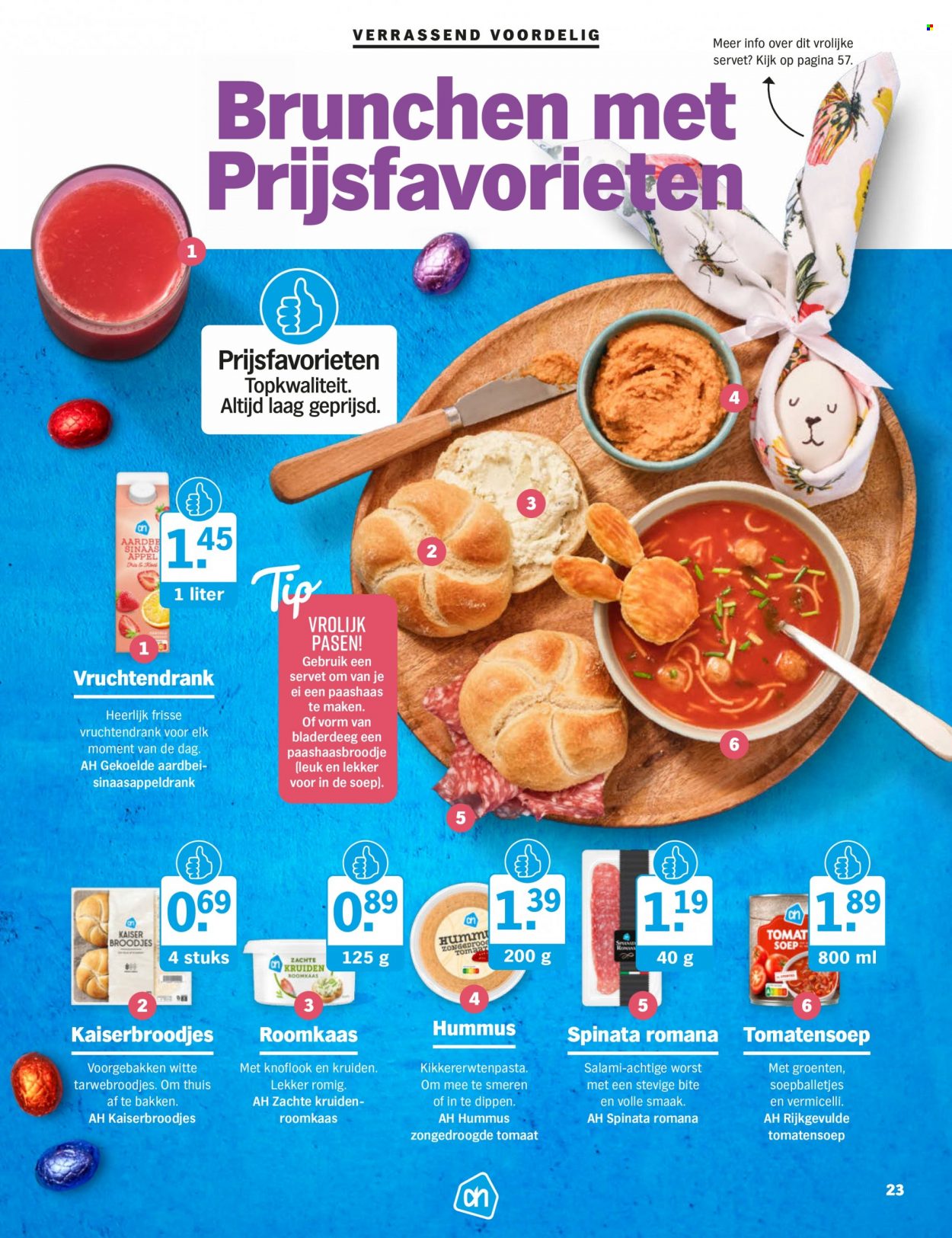 thumbnail - Albert Heijn-aanbieding -  producten in de aanbieding - kaiserbroodjes, soep, salami, hummus, roomkaas, ei, zongedroogde tomaat, Vermicelli. Pagina 23.