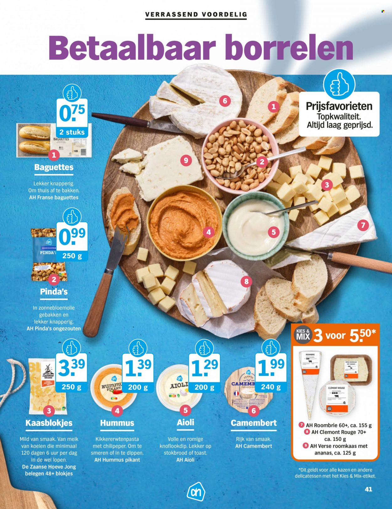 thumbnail - Albert Heijn-aanbieding -  producten in de aanbieding - stokbrood, hummus, Camembert, kaasblokjes, roomkaas, melk, Aïoli, pinda's. Pagina 41.