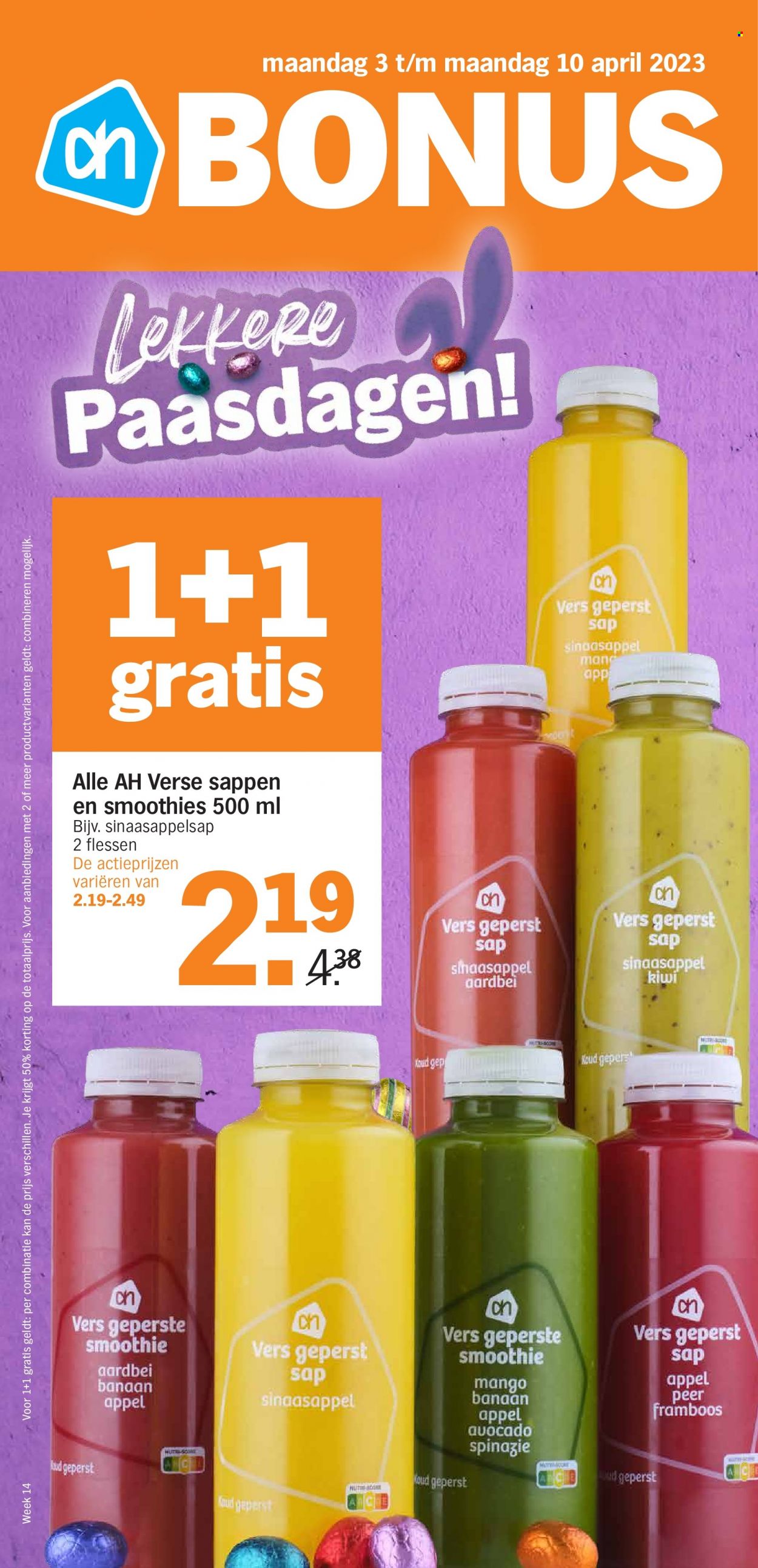 thumbnail - Albert Heijn-aanbieding - 3-4-2023 - 10-4-2023 -  producten in de aanbieding - spinazie, avocado, sinaasappels, sinaasappelsap, smoothie. Pagina 1.