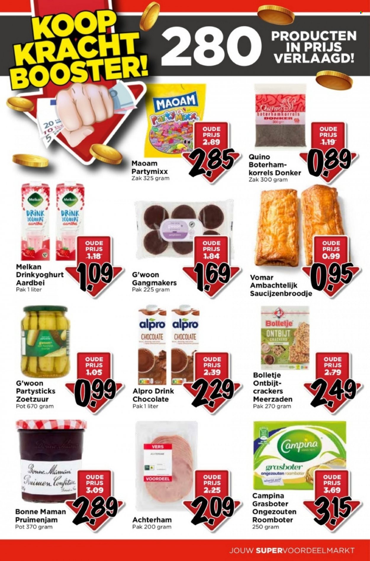 thumbnail - Vomar-aanbieding -  producten in de aanbieding - achterham, Campina, yoghurt, drinkyoghurt, roomboter, crackers. Pagina 5.