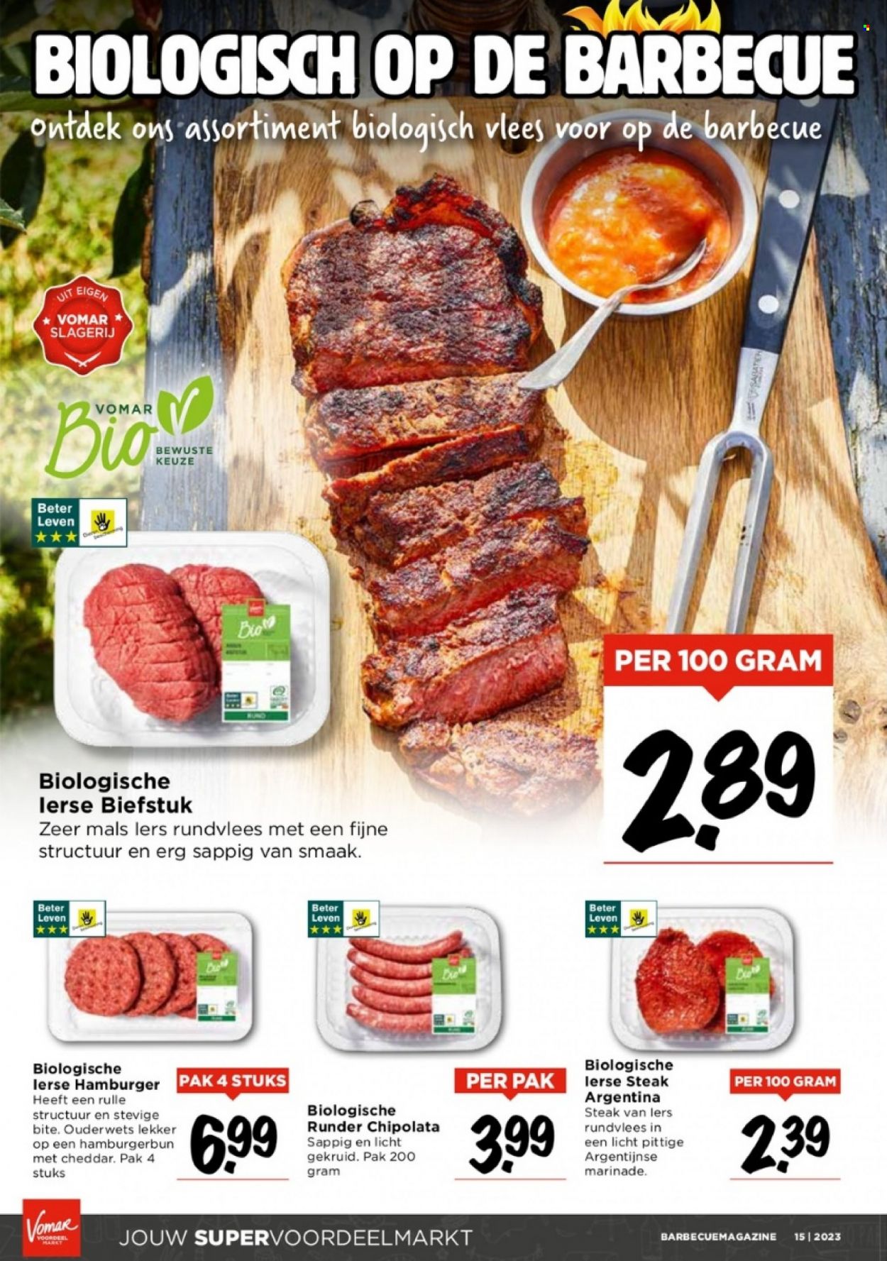 thumbnail - Vomar-aanbieding -  producten in de aanbieding - steak, biefstuk, rundvlees, hamburger, chipolataworstjes, kaas, BBQ. Pagina 15.