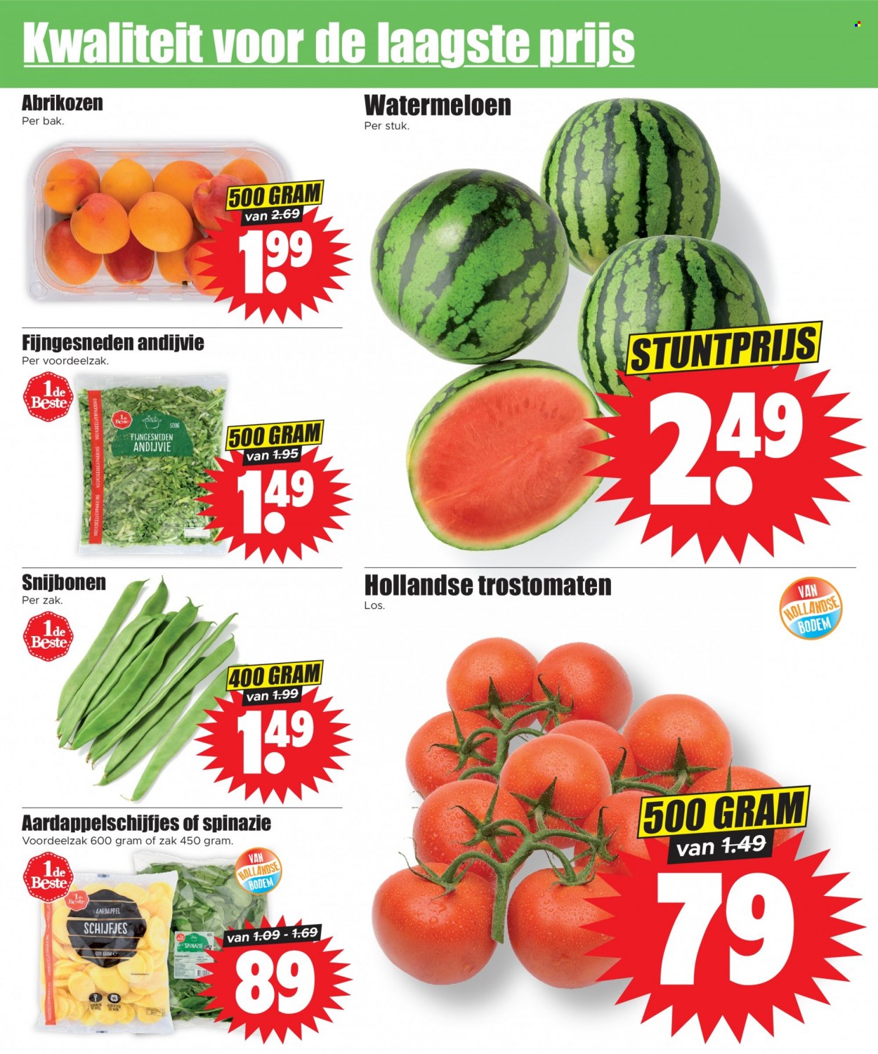 thumbnail - Dirk-aanbieding - 24-5-2023 - 30-5-2023 -  producten in de aanbieding - snijbonen, spinazie, tomaten, trostomaat, watermeloen, andijvie, aardappelschijfjes, abrikozen. Pagina 2.