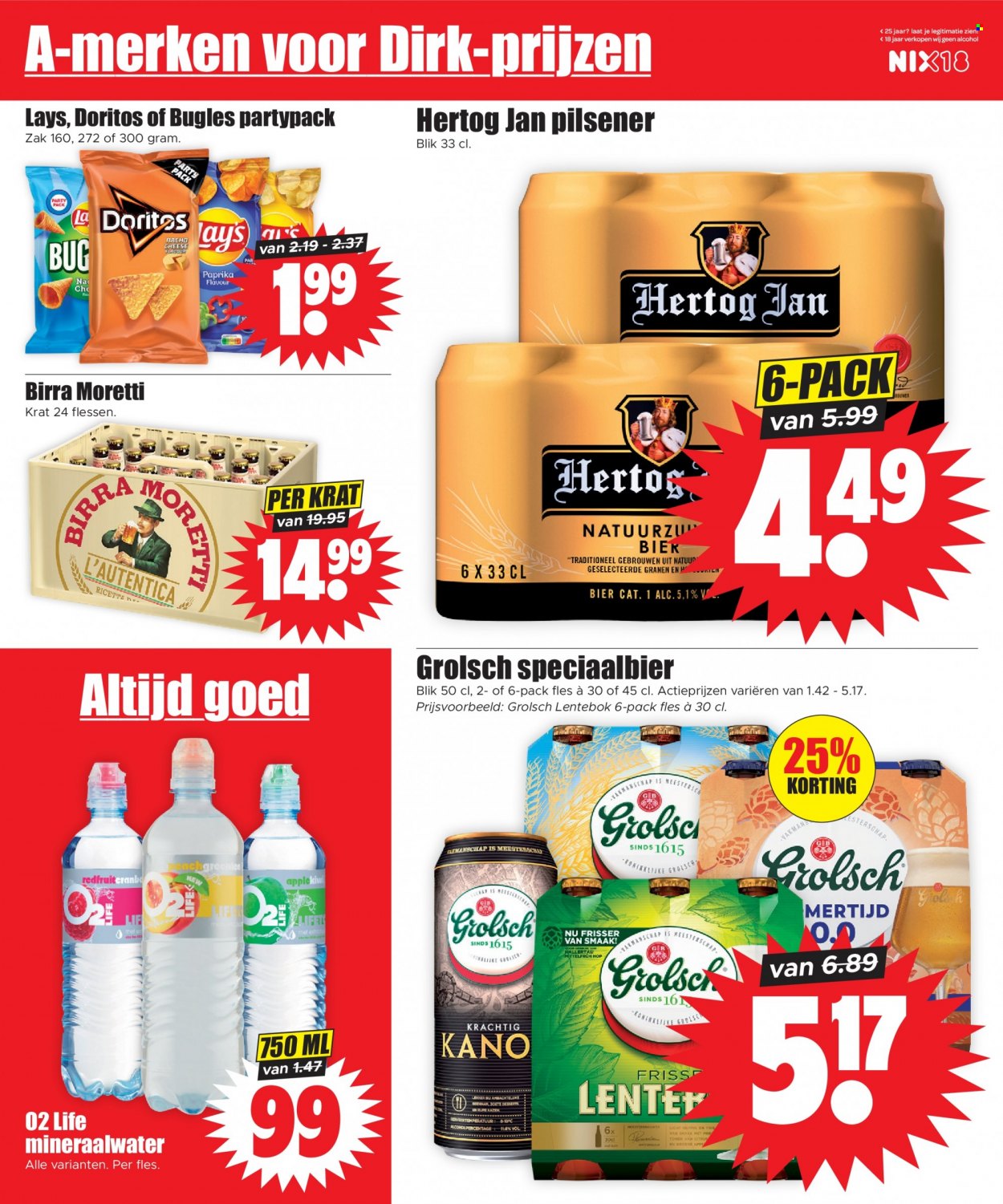 thumbnail - Dirk-aanbieding - 24-5-2023 - 30-5-2023 -  producten in de aanbieding - pilsener, Hertog Jan, Grolsch, bier, Birra Moretti, beenham, mineraalwater. Pagina 18.