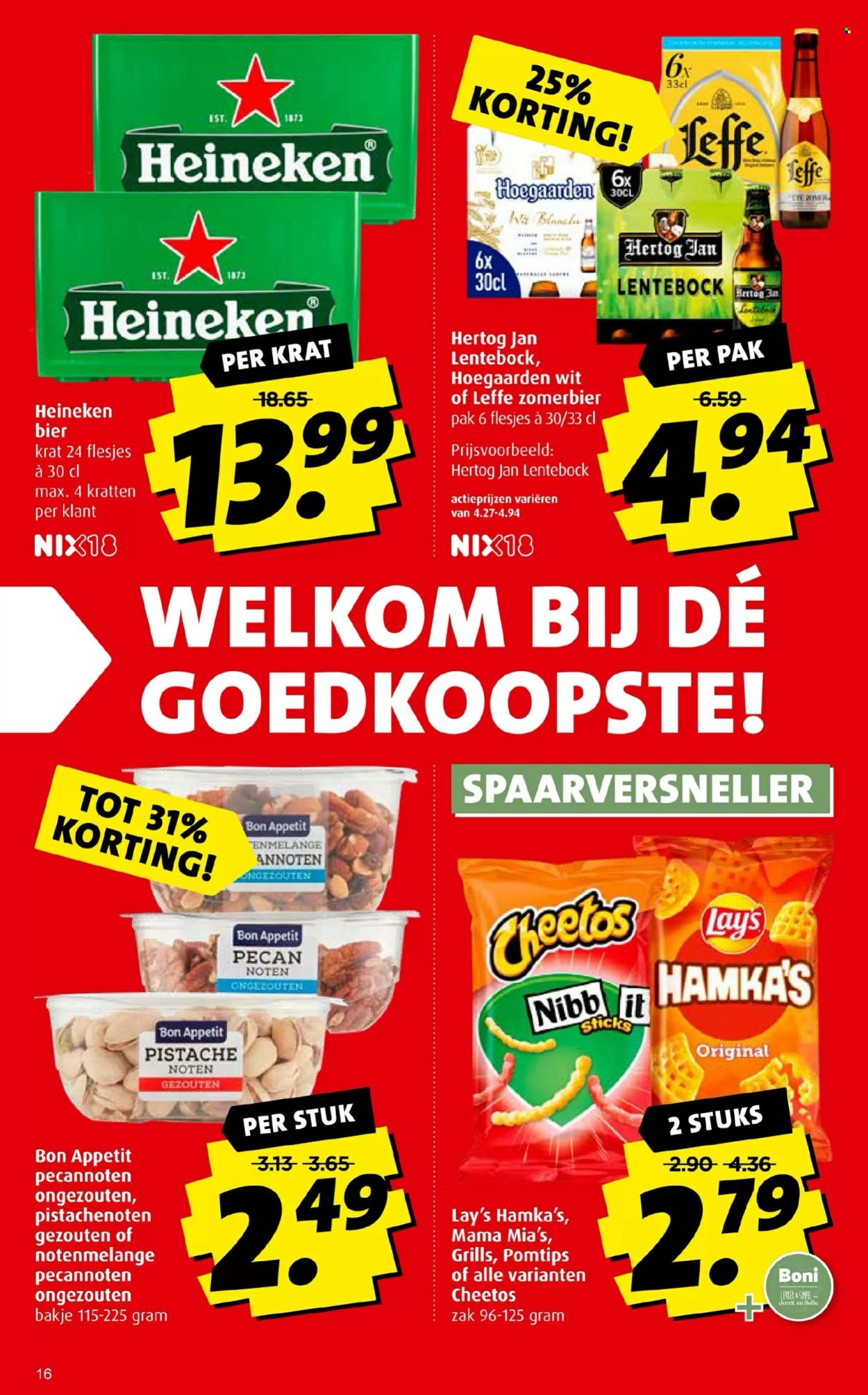 thumbnail - Boni-aanbieding - 24-5-2023 - 30-5-2023 -  producten in de aanbieding - Leffe, Heineken, Hertog Jan, bier, cheetos, pecannoten. Pagina 16.