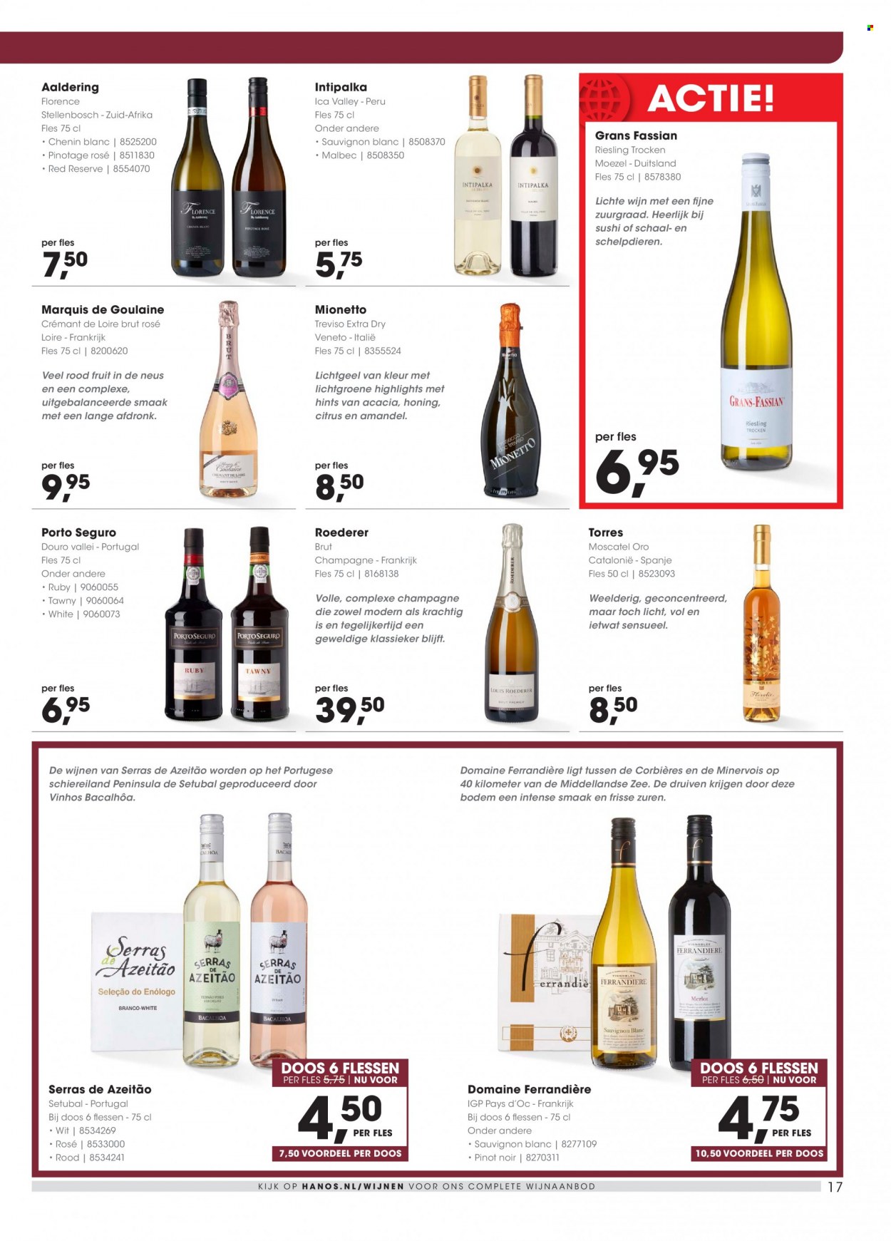 thumbnail - Hanos-aanbieding - 22-5-2023 - 4-6-2023 -  producten in de aanbieding - rode vruchten, champagne, Moscatel, riesling, Pinot Noir, Sauvignon Blanc, wijn, Frankrijk, porto. Pagina 17.