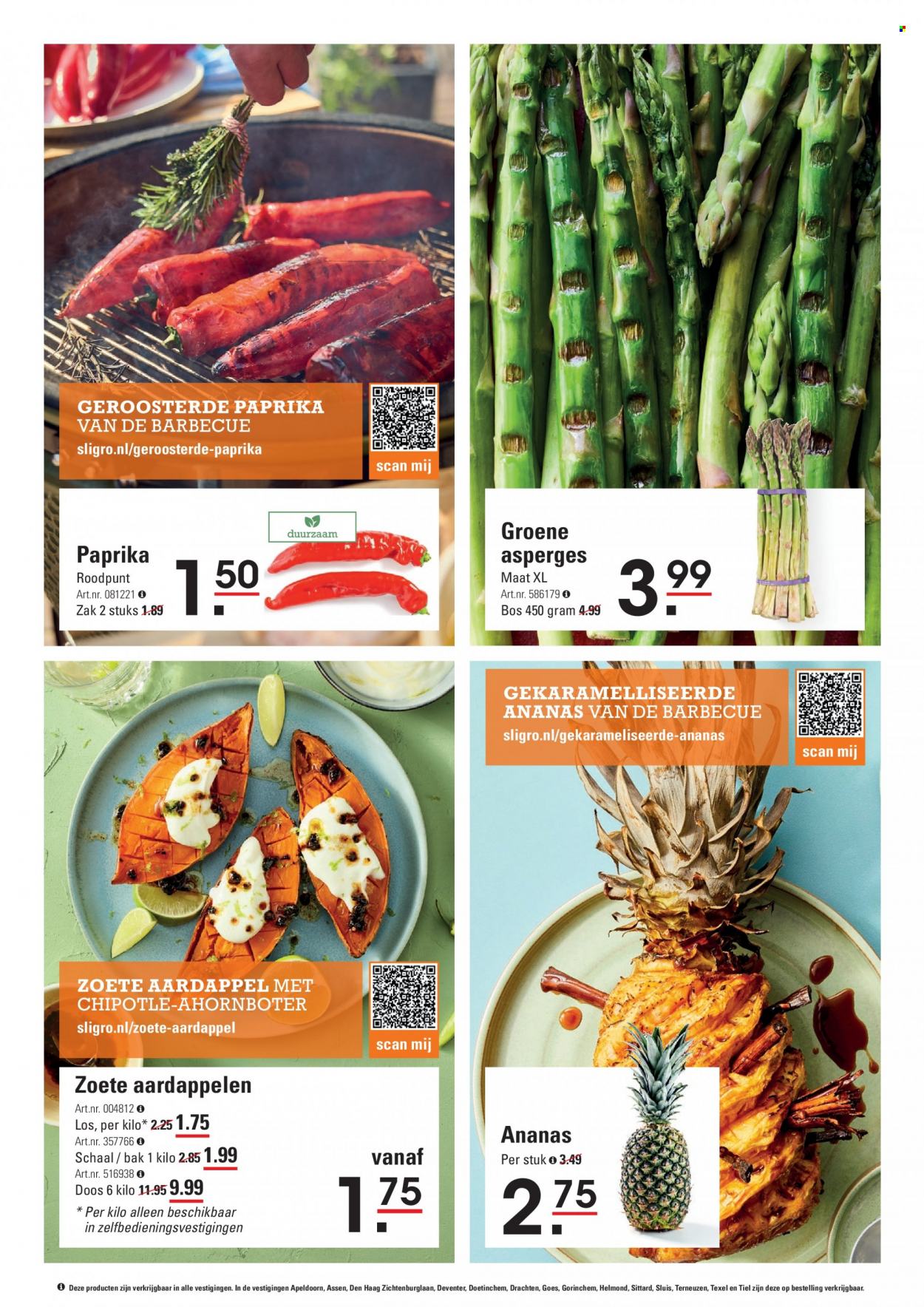 thumbnail - Sligro-aanbieding - 25-5-2023 - 12-6-2023 -  producten in de aanbieding - asperges, zoete bataat, groene asperges, ananas, BBQ. Pagina 9.