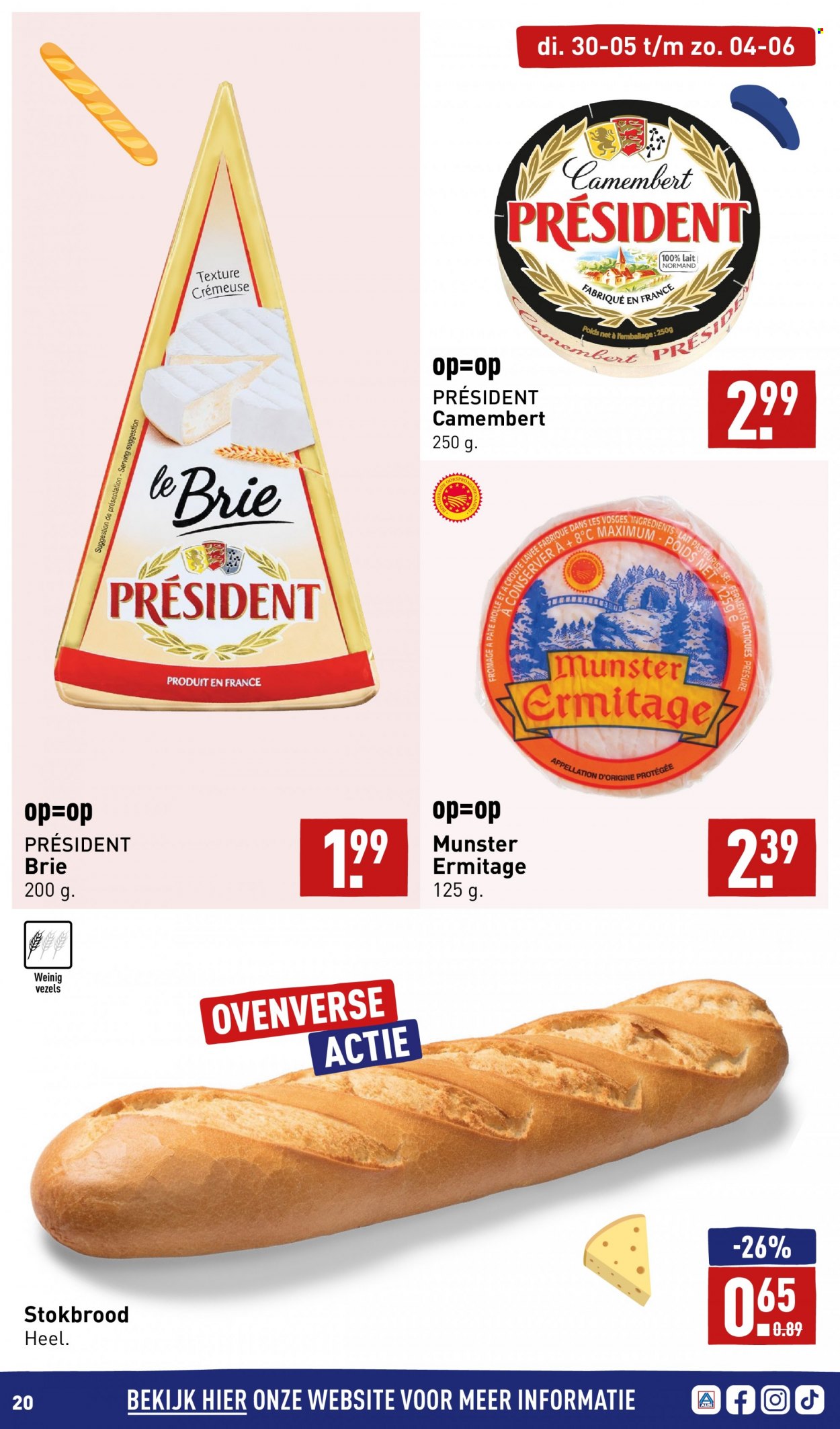 thumbnail - Aldi-aanbieding - 30-5-2023 - 4-6-2023 -  producten in de aanbieding - stokbrood, paté, Camembert, Munster, Brie. Pagina 20.