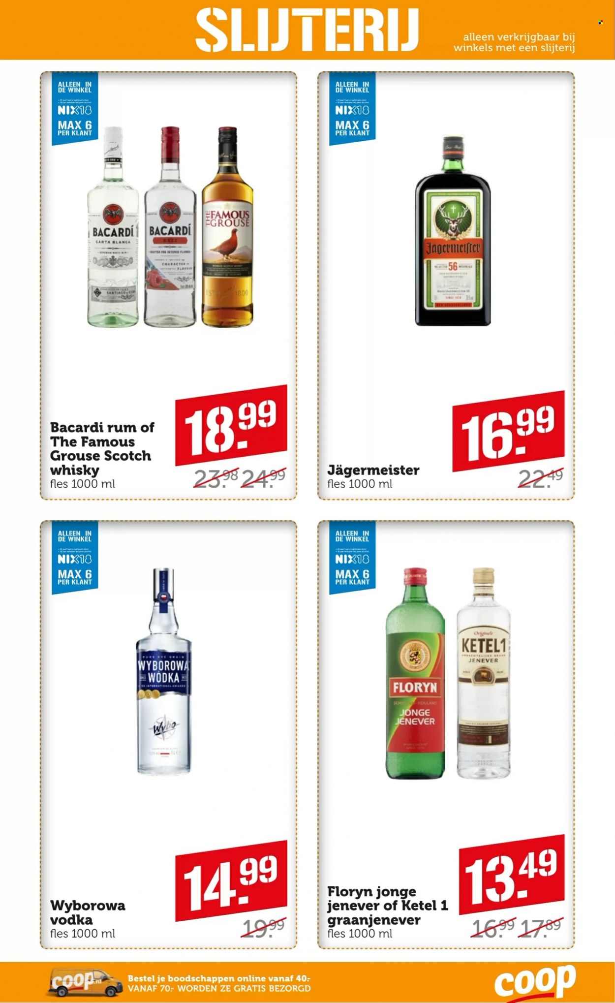 thumbnail - Coop-aanbieding - 29-5-2023 - 4-6-2023 -  producten in de aanbieding - Bacardi, rum, Jägermeister, scotch whisky, vodka, whisky, Jenever. Pagina 20.