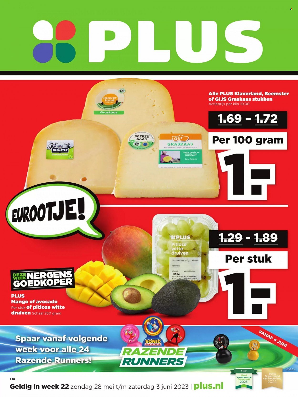 thumbnail - Plus-aanbieding - 28-5-2023 - 3-6-2023 -  producten in de aanbieding - avocado, druiven, mango, kaas, gouda. Pagina 16.