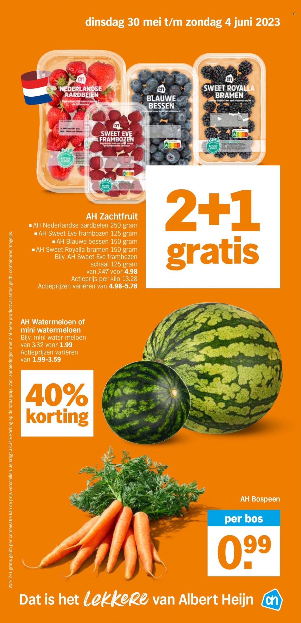 thumbnail - Albert Heijn-aanbieding - 30-5-2023 - 4-6-2023 -  producten in de aanbieding - bospeen, meloen, watermeloen, aardbeien, bessen, bramen, frambozen, bosbessen. Pagina 7.