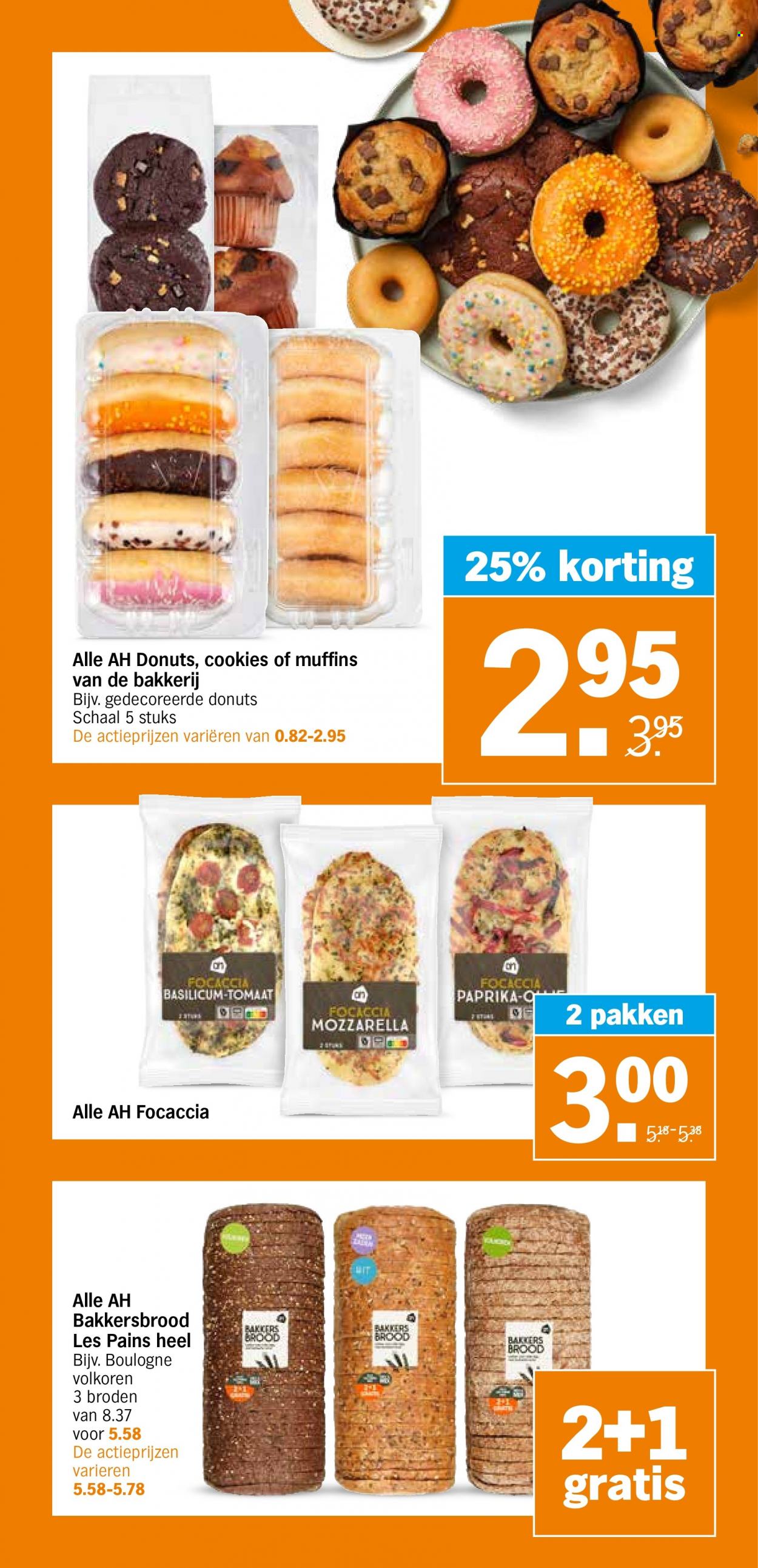 thumbnail - Albert Heijn-aanbieding - 30-5-2023 - 4-6-2023 -  producten in de aanbieding - focaccia, brood, muffins, mozzarella, cookies, basilicum. Pagina 14.
