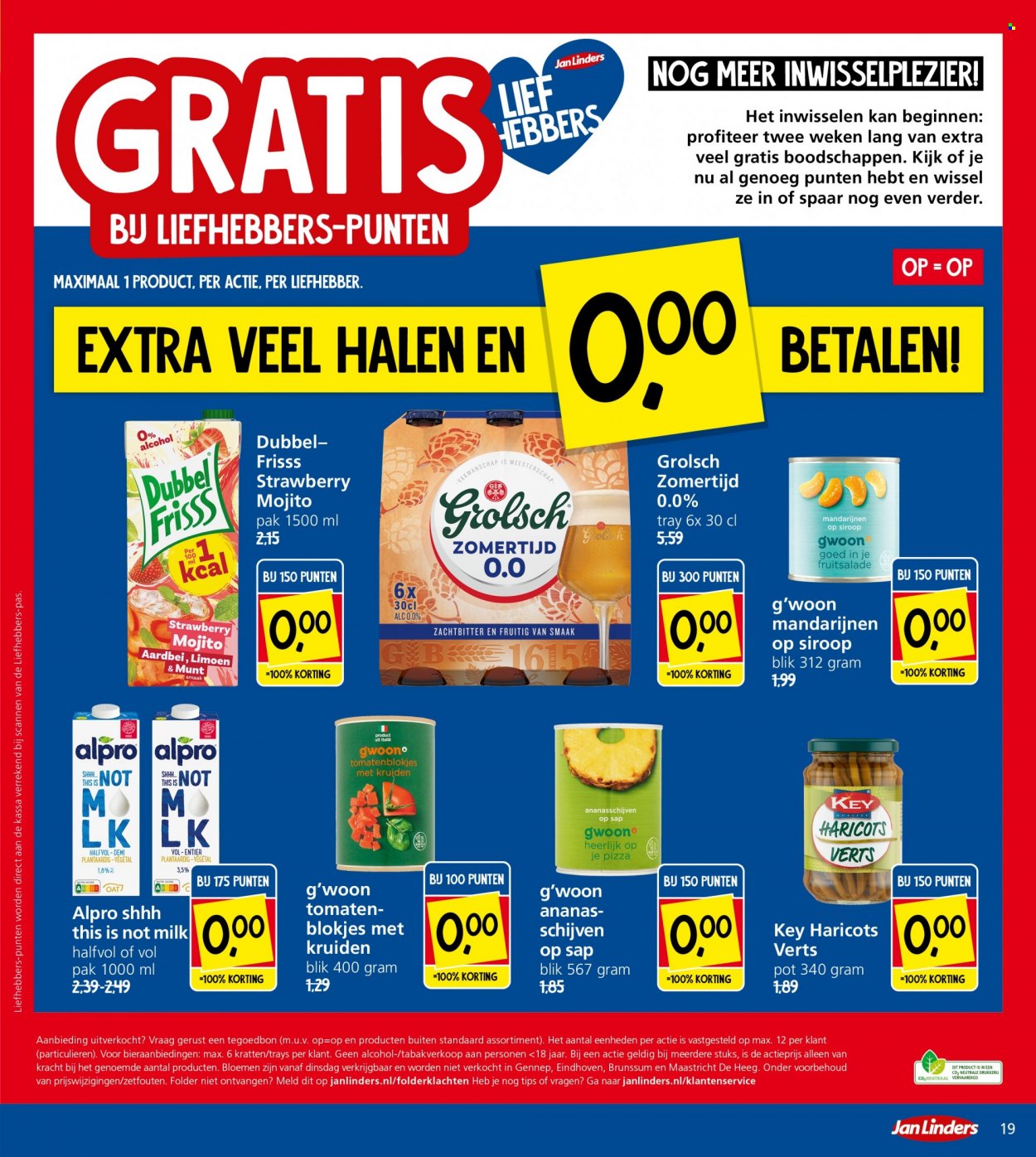 thumbnail - Jan Linders-aanbieding - 30-5-2023 - 4-6-2023 -  producten in de aanbieding - Grolsch, bier, tomatenblokjes. Pagina 19.