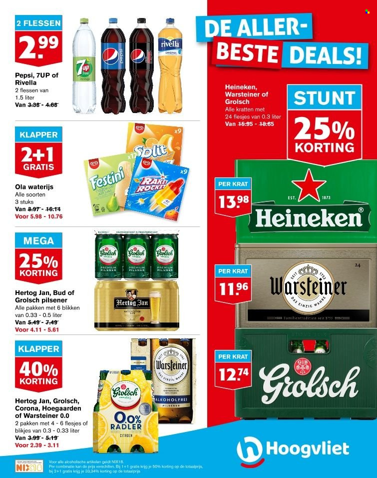 thumbnail - Hoogvliet-aanbieding - 31-5-2023 - 6-6-2023 -  producten in de aanbieding - Warsteiner, pilsener, Heineken, Hertog Jan, Grolsch, bier, Radler, Pepsi, raket. Pagina 3.