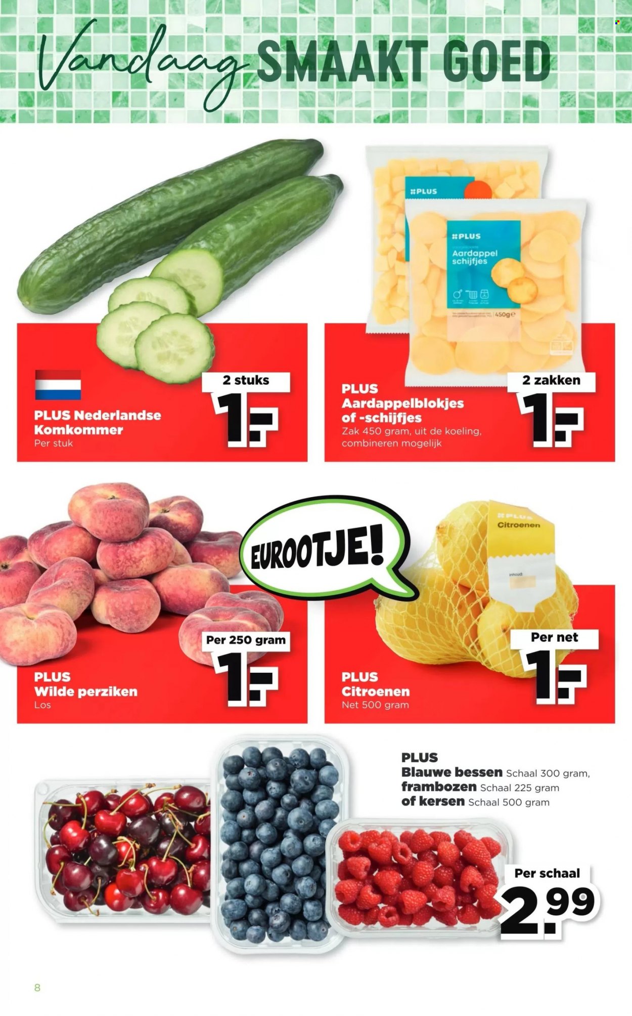 thumbnail - Plus-aanbieding - 28-5-2023 - 3-6-2023 -  producten in de aanbieding - komkommer, bessen, kersen, frambozen, bosbessen. Pagina 8.