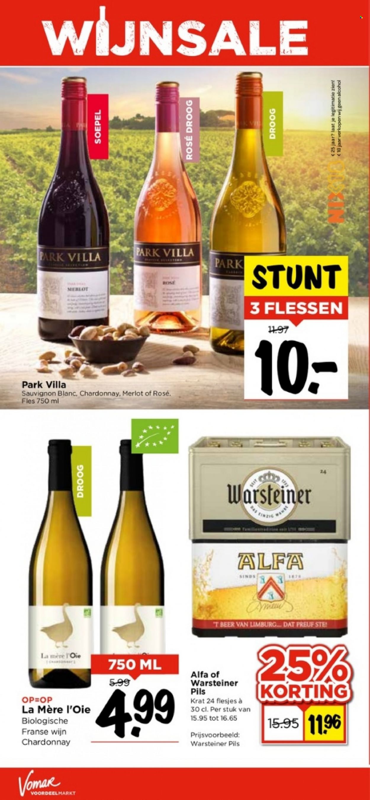 thumbnail - Vomar-aanbieding - 28-5-2023 - 3-6-2023 -  producten in de aanbieding - Warsteiner, Alfa, bier, Chardonnay, Merlot, Sauvignon Blanc, wijn. Pagina 32.