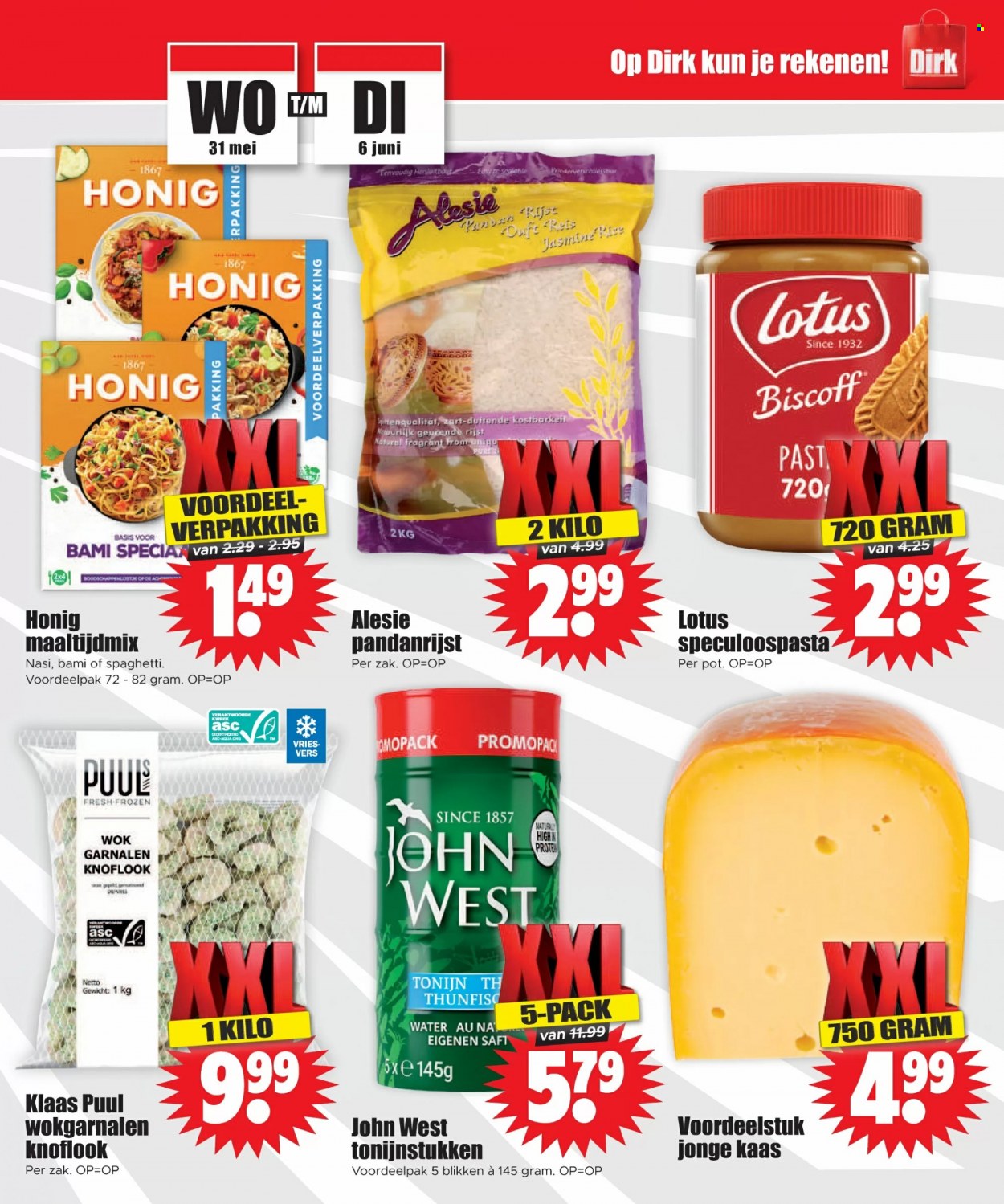 thumbnail - Dirk-aanbieding - 31-5-2023 - 6-6-2023 -  producten in de aanbieding - Frozen, tonijn, garnalen, Jonge Kaas, kaas, rijst, spaghetti. Pagina 15.