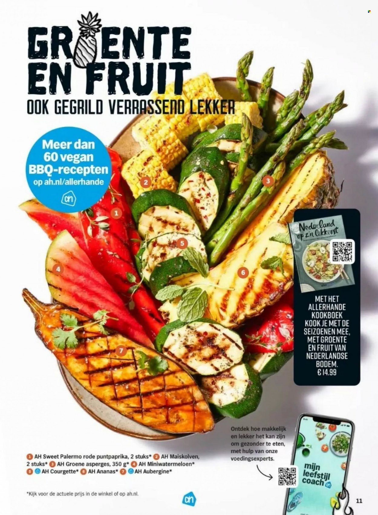 thumbnail - Albert Heijn-aanbieding -  producten in de aanbieding - asperges, aubergine, maiskolven, puntpaprika, rode paprika, groene asperges, courgette, ananas, BBQ. Pagina 10.