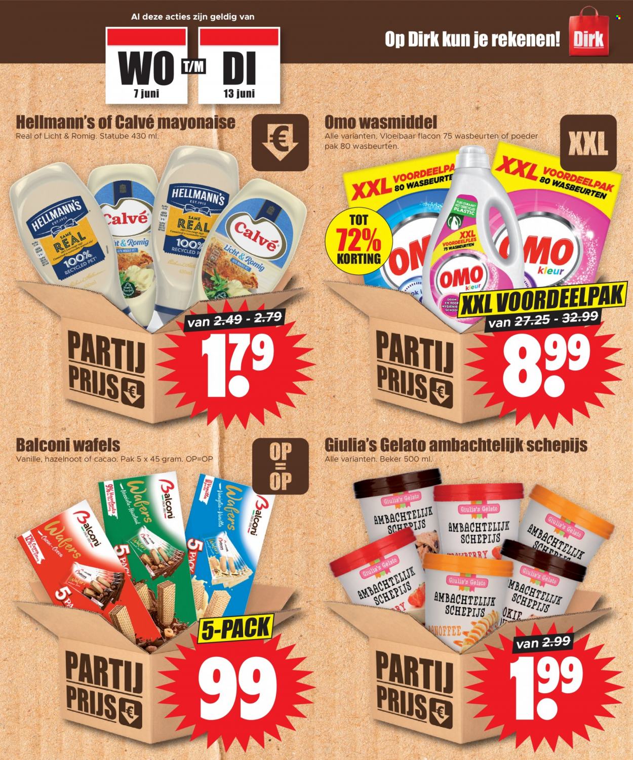 thumbnail - Dirk-aanbieding - 7-6-2023 - 13-6-2023 -  producten in de aanbieding - Hellmann's, mayonaise, gelato, schepijs, Calvé, wasmiddel. Pagina 15.