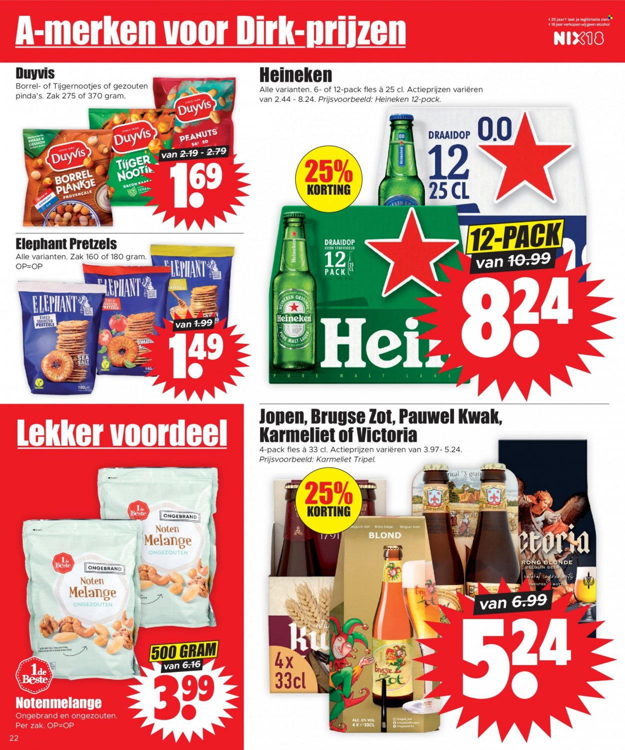 thumbnail - Dirk-aanbieding - 7-6-2023 - 13-6-2023 -  producten in de aanbieding - Heineken, bier, pretzels, pinda's, cashewnoten, walnoten. Pagina 20.