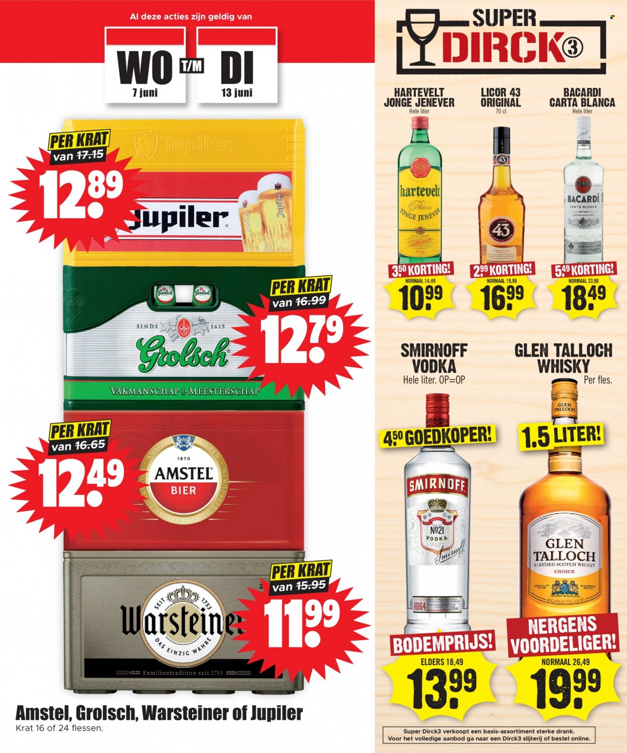 thumbnail - Dirk-aanbieding - 7-6-2023 - 13-6-2023 -  producten in de aanbieding - Warsteiner, Amstel Bier, Grolsch, Jupiler, bier, Bacardi, blended scotch whisky, scotch whisky, Smirnoff, vodka, whisky, Jenever. Pagina 21.