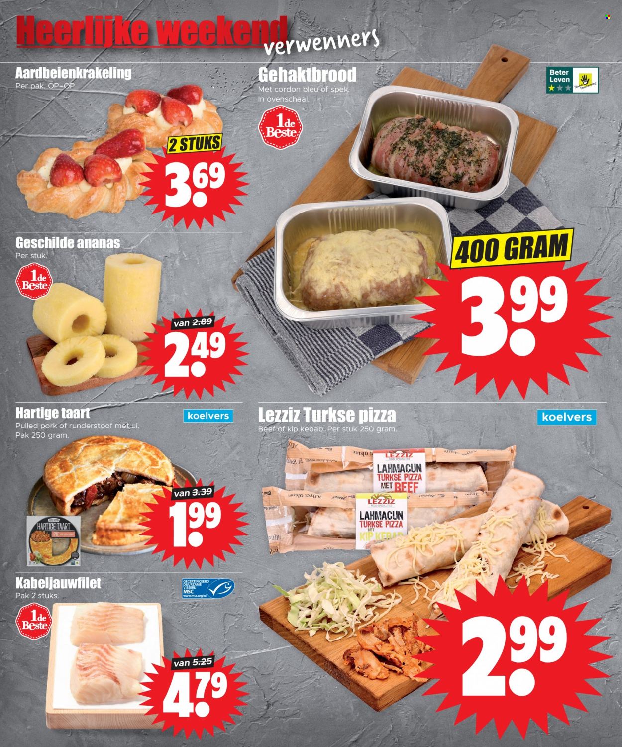 thumbnail - Dirk-aanbieding - 7-6-2023 - 13-6-2023 -  producten in de aanbieding - ananas, kabeljauwfilet, pizza, Cordon Bleu, pulled pork. Pagina 28.