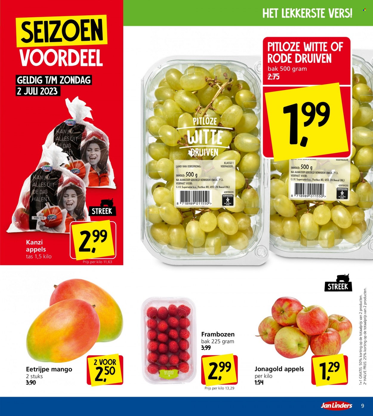 thumbnail - Jan Linders-aanbieding - 5-6-2023 - 11-6-2023 -  producten in de aanbieding - appels, druiven, mango, frambozen, tas. Pagina 9.
