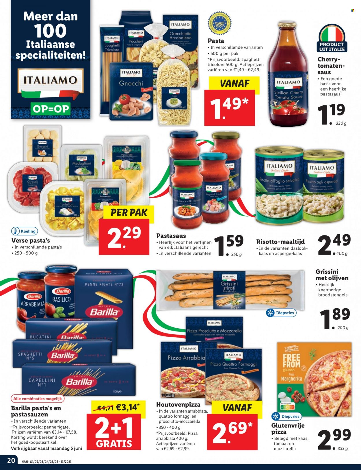 thumbnail - Lidl-aanbieding - 5-6-2023 - 11-6-2023 -  producten in de aanbieding - risotto, pizza, kaas, olijven, pasta, penne, spaghetti. Pagina 20.
