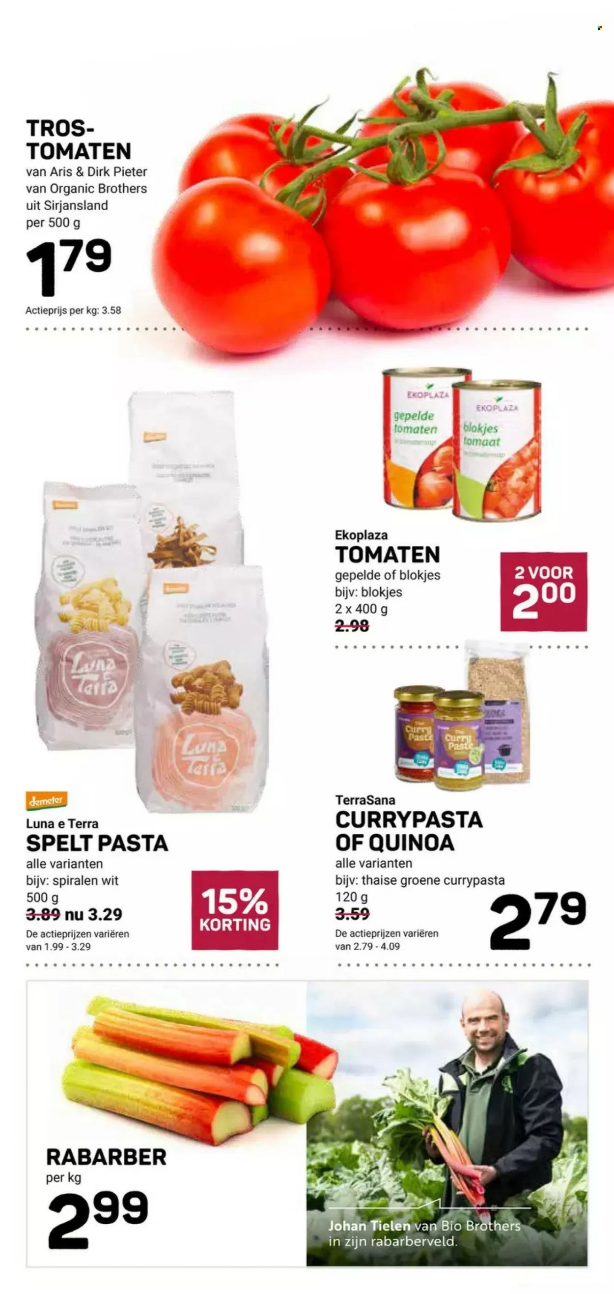 thumbnail - Ekoplaza-aanbieding - 7-6-2023 - 13-6-2023 -  producten in de aanbieding - rabarber, tomaten, gepelde tomaten, pasta, quinoa, Spelt, curry. Pagina 9.