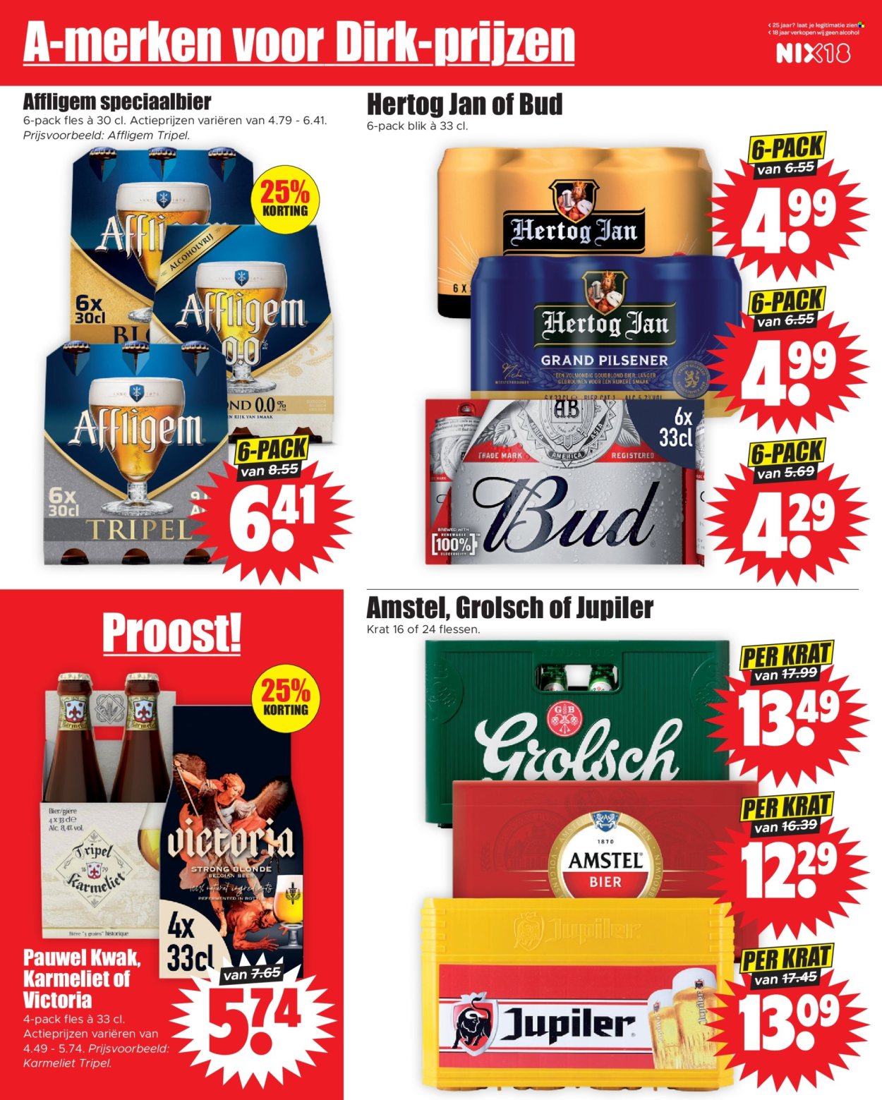 thumbnail - Dirk-aanbieding - 14-2-2024 - 20-2-2024 -  producten in de aanbieding - Affligem, pilsener, Amstel Bier, Hertog Jan, Grolsch, Jupiler, bier, alcohol, fles. Pagina 22.